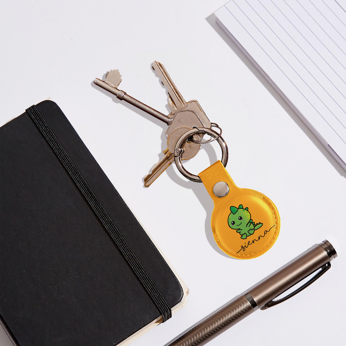 Personalised AirTag Case Keyring Holder Keychain Holder for Air Tag Tracking Device Green Kawaii Dinosaur Name on Yellow
