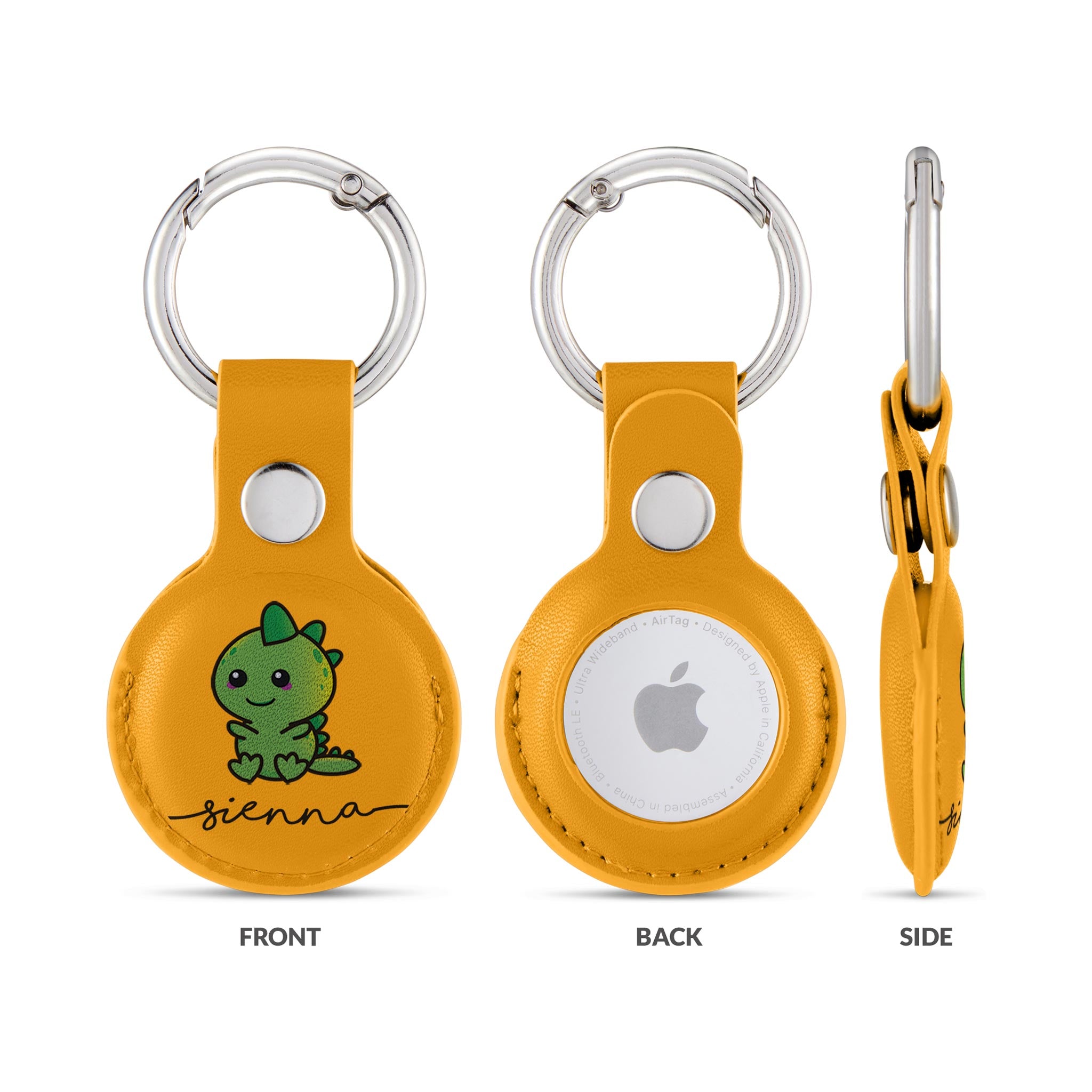 Personalised AirTag Case Keyring Holder Keychain Holder for Air Tag Tracking Device Green Kawaii Dinosaur Name on Yellow