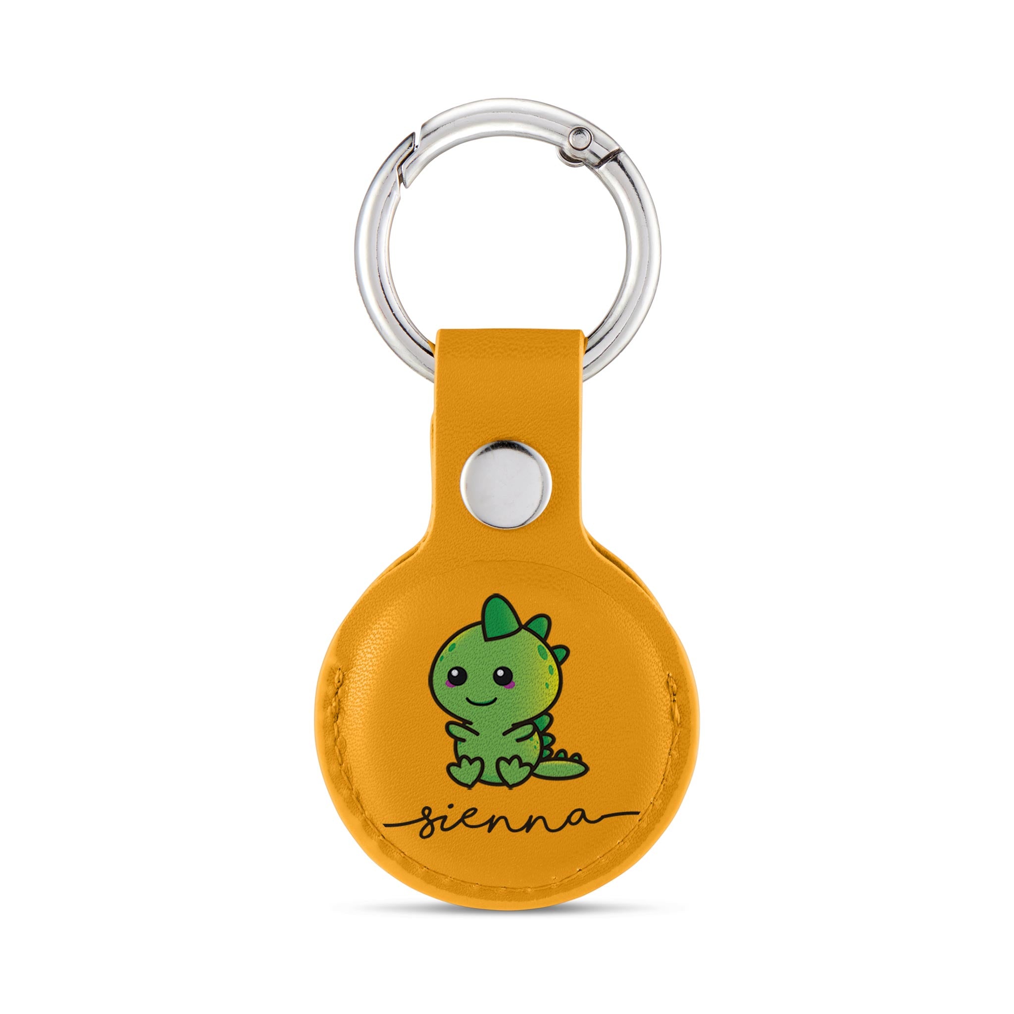 Personalised AirTag Case Keyring Holder Keychain Holder for Air Tag Tracking Device Green Kawaii Dinosaur Name on Yellow