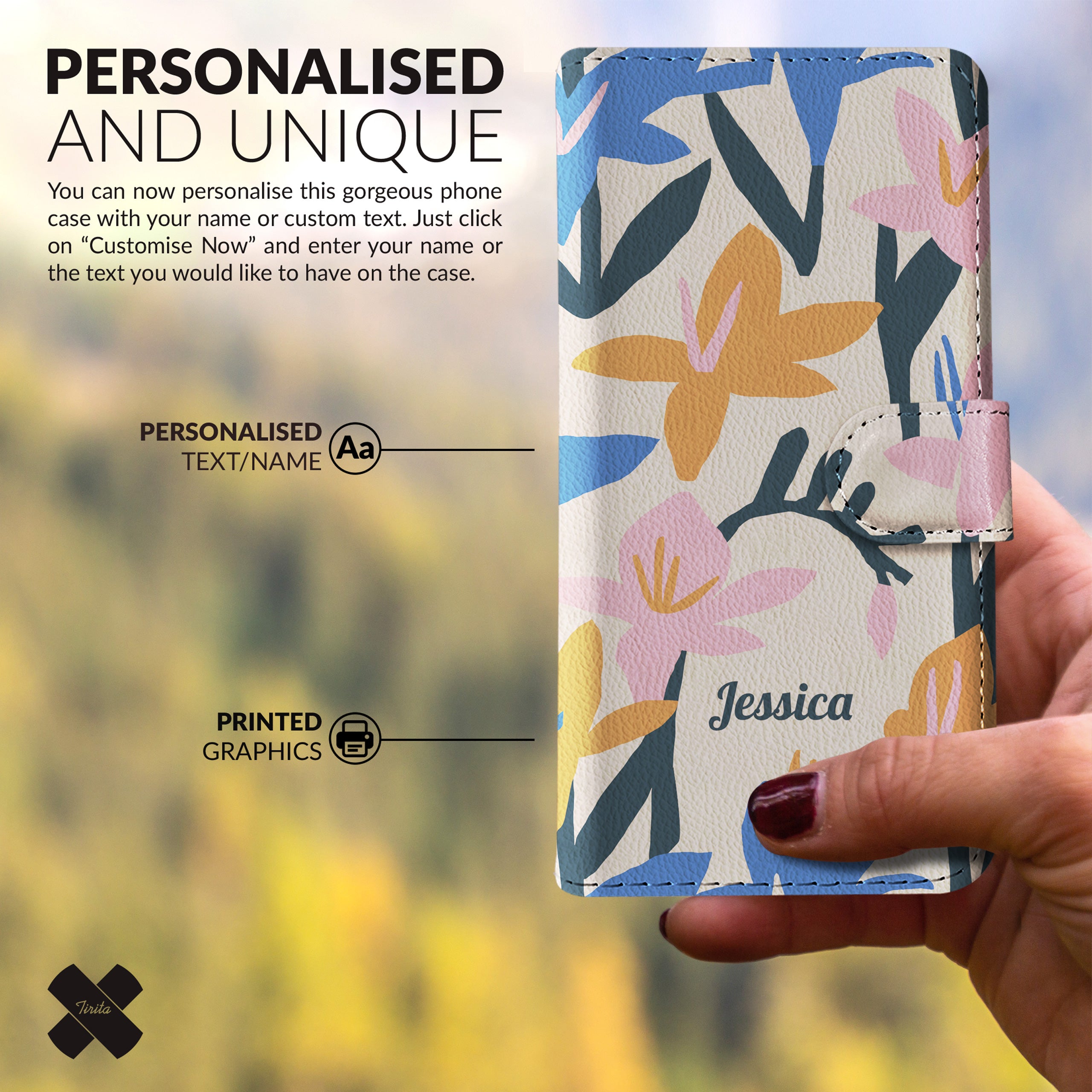 Personalised Wallet Flip Phone Case Custom Name Floral Lilies Retro Pastel