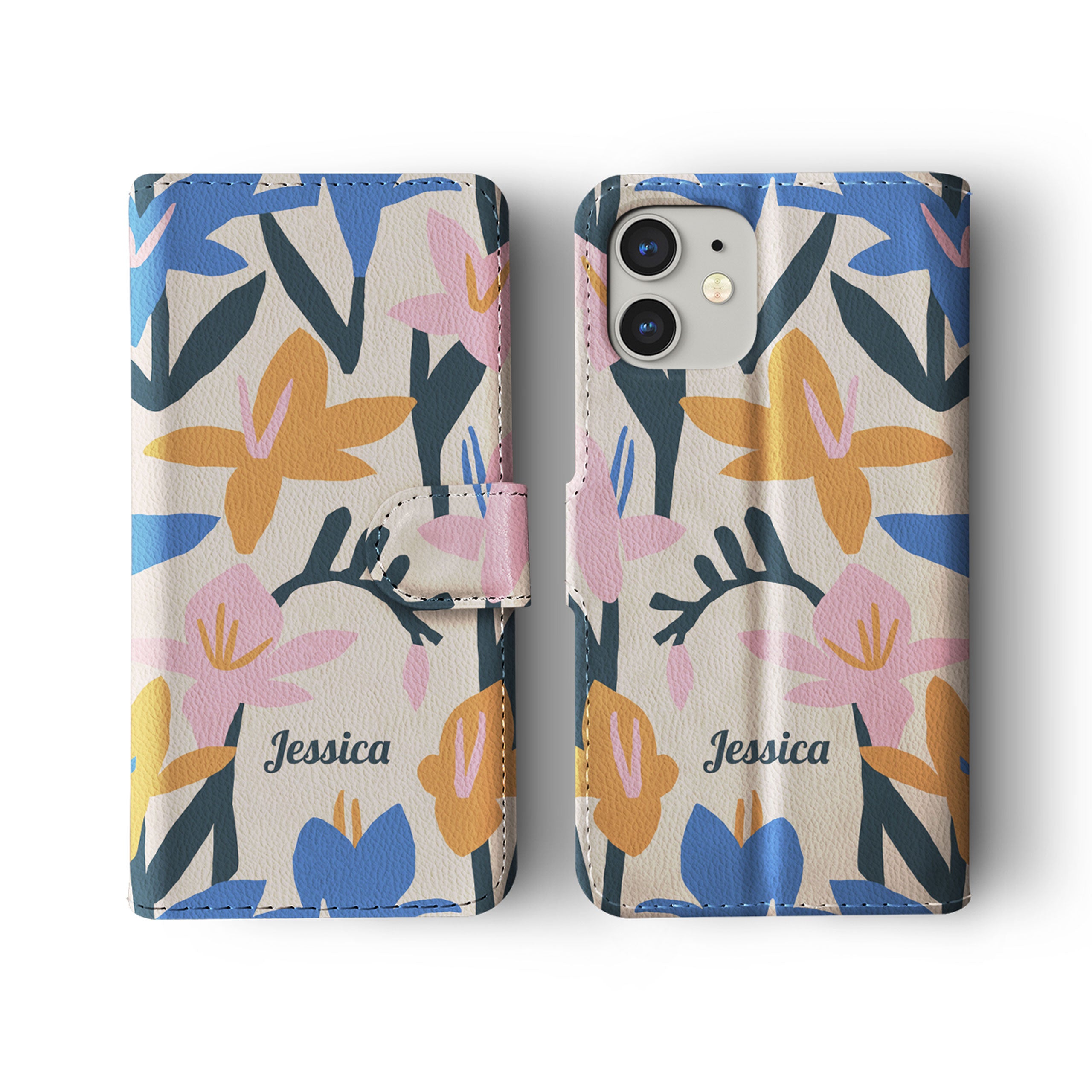 Personalised Wallet Flip Phone Case Custom Name Floral Lilies Retro Pastel