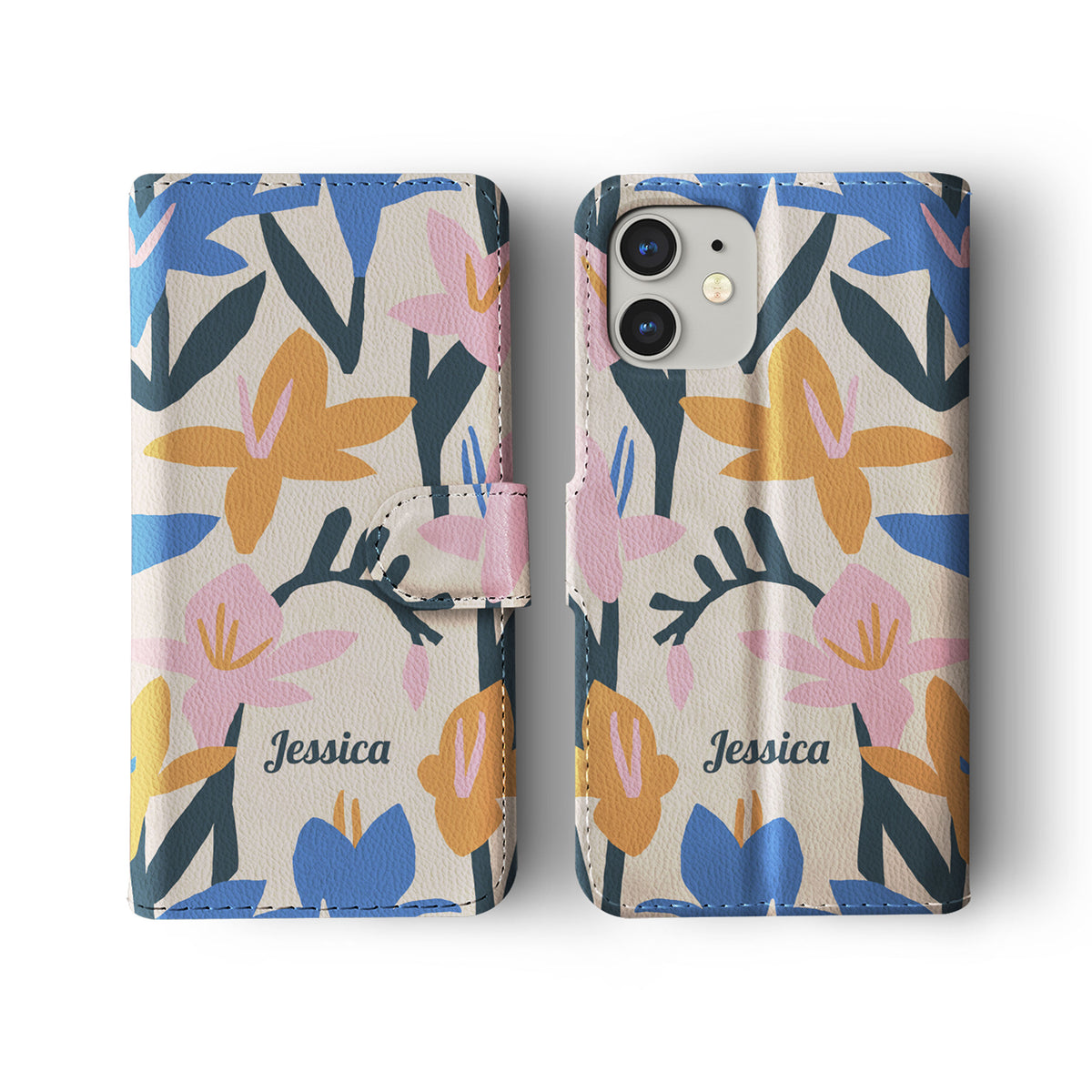 Personalised Wallet Flip Phone Case Custom Name Floral Lilies Retro Pastel
