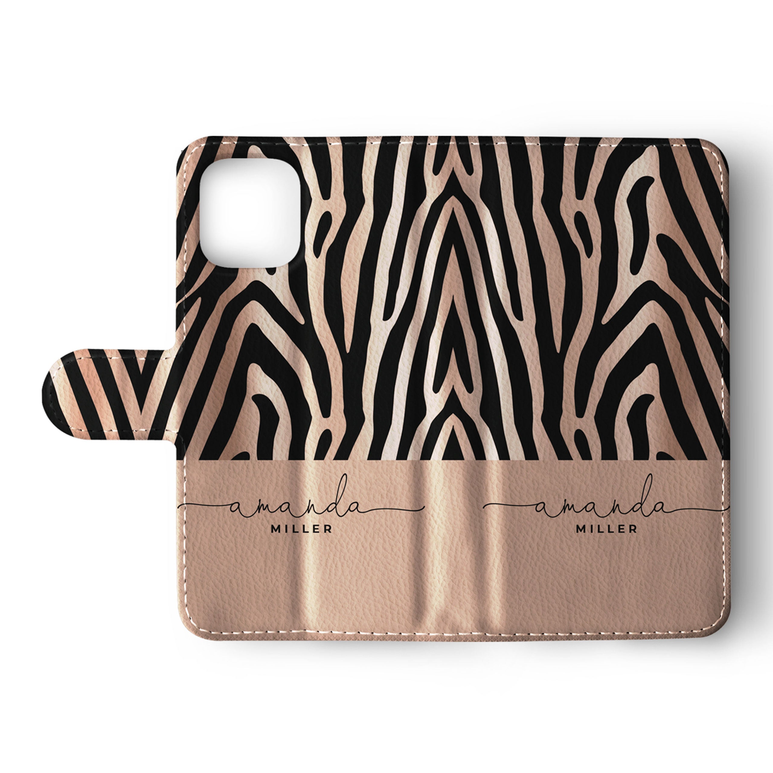 Personalised Wallet Flip Phone Case Custom Name Animal Print Zebra Rose Gold