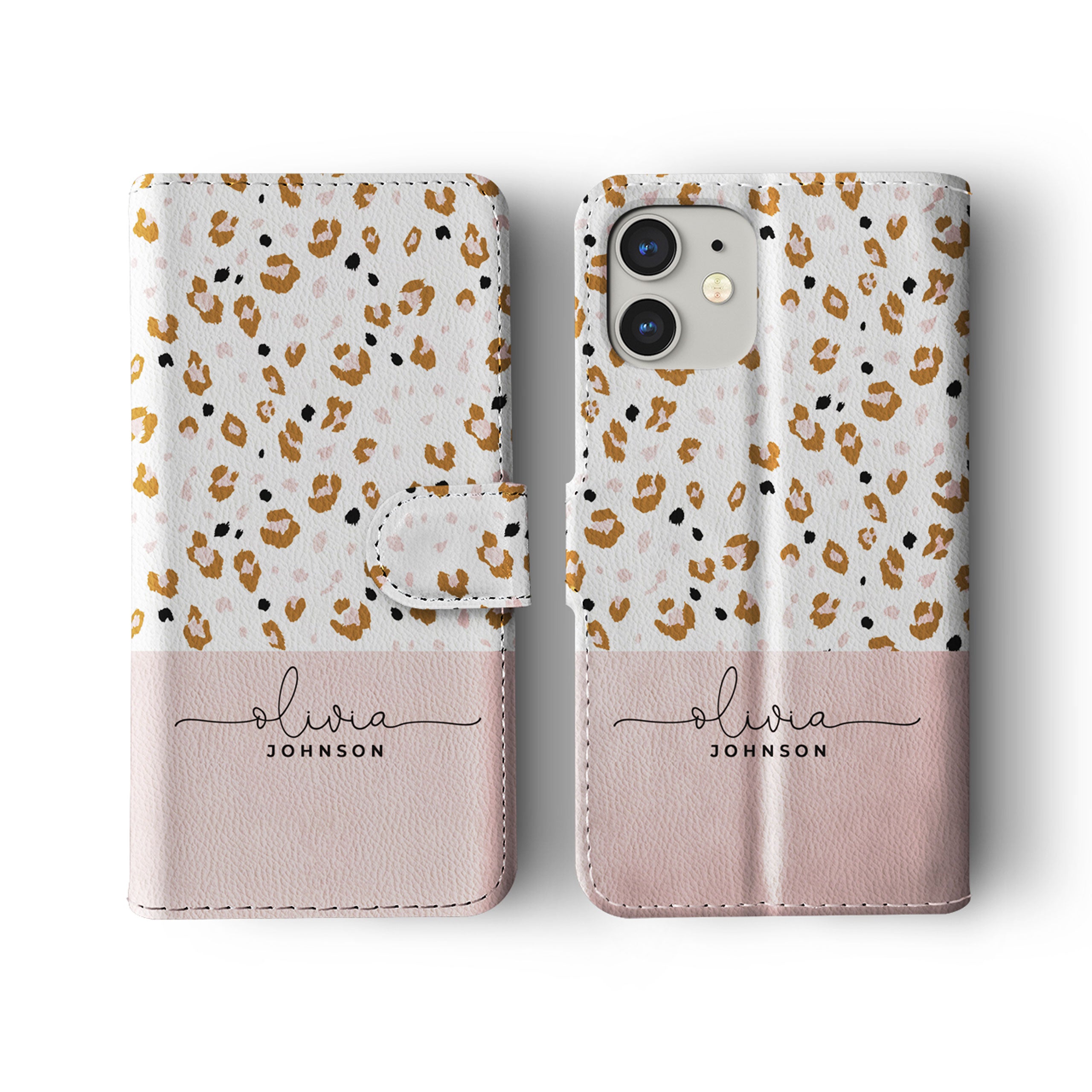 Personalised Wallet Flip Phone Case Custom Name Animal Print Leopard Spots