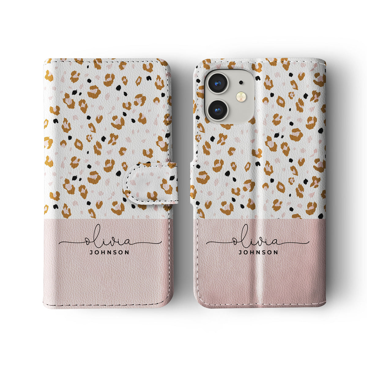 Personalised Wallet Flip Phone Case Custom Name Animal Print Leopard Spots