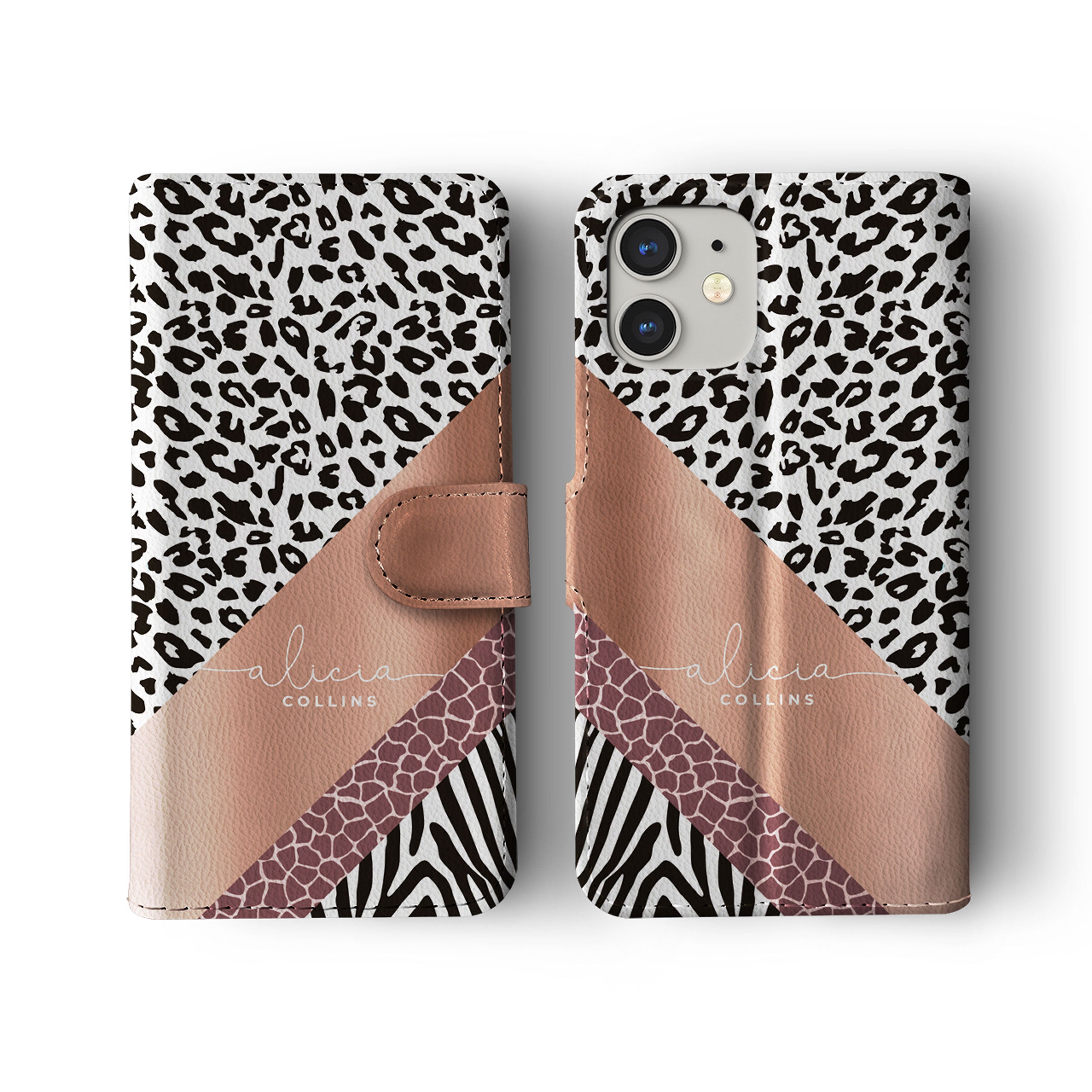 Personalised Wallet Flip Phone Case Custom Name Animal Print Savannah Rose Gold