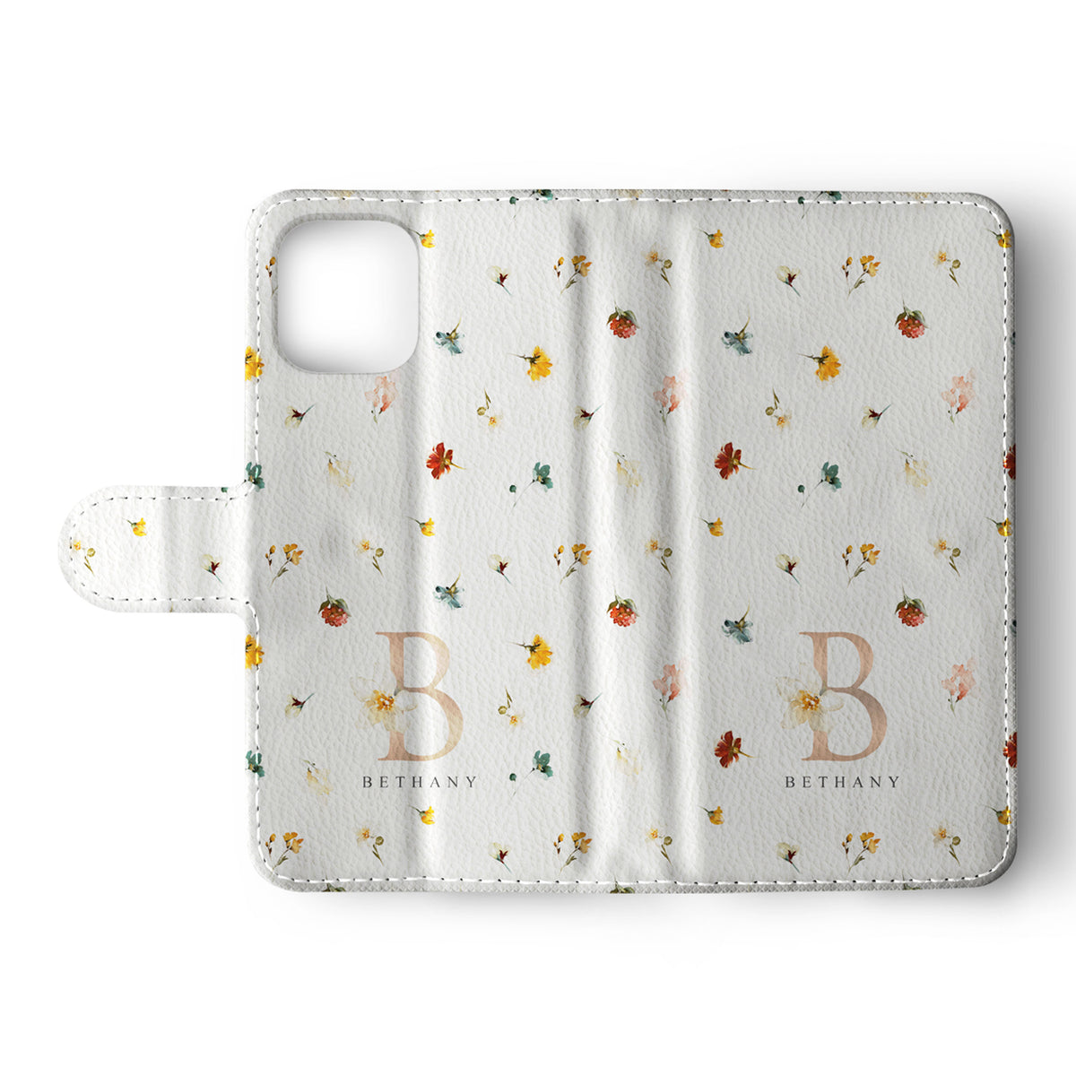 Personalised Wallet Flip Phone Case Custom Name Floral White Rose Gold Monogram