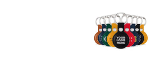 Custom logo AirTag holders in eight colours with YOUR LOGO HERE printed