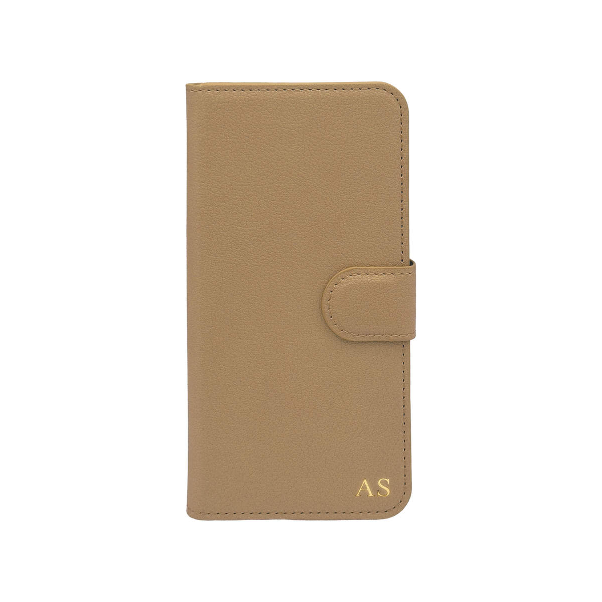 Personalised leather wallet iPhone case in Beige with gold embossed initials