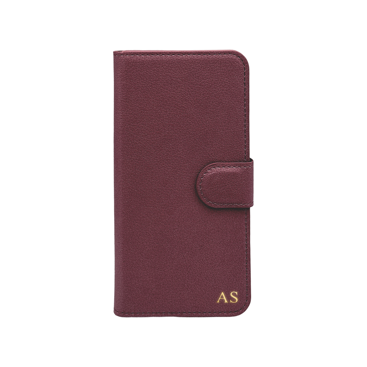 Personalised leather wallet iPhone case in Burgundy with gold embossed initials