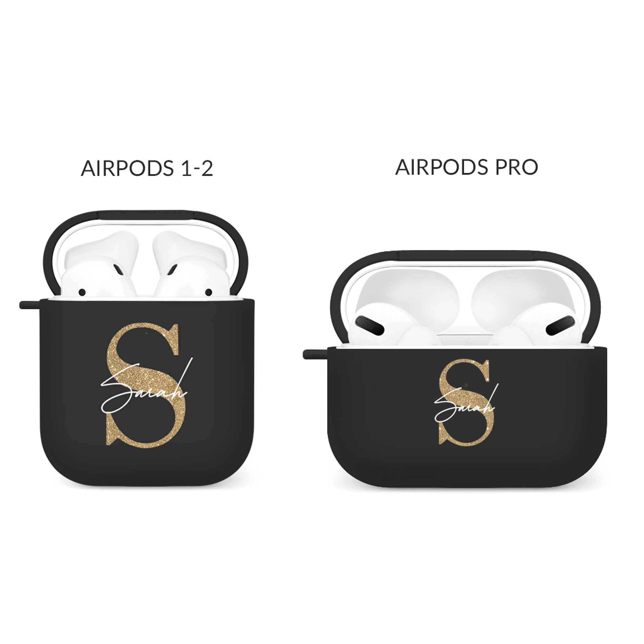 Personalised Soft AirPods Case Cover Custom Name Golden Glitter Initial on Black