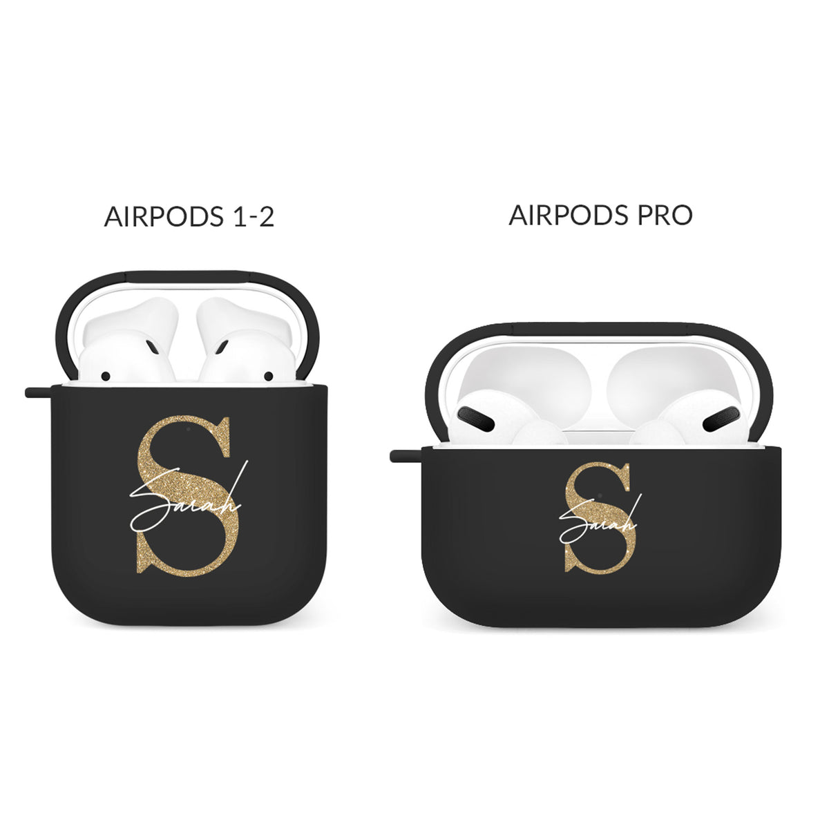 Personalised Soft AirPods Case Cover Custom Name Golden Glitter Initial on Black