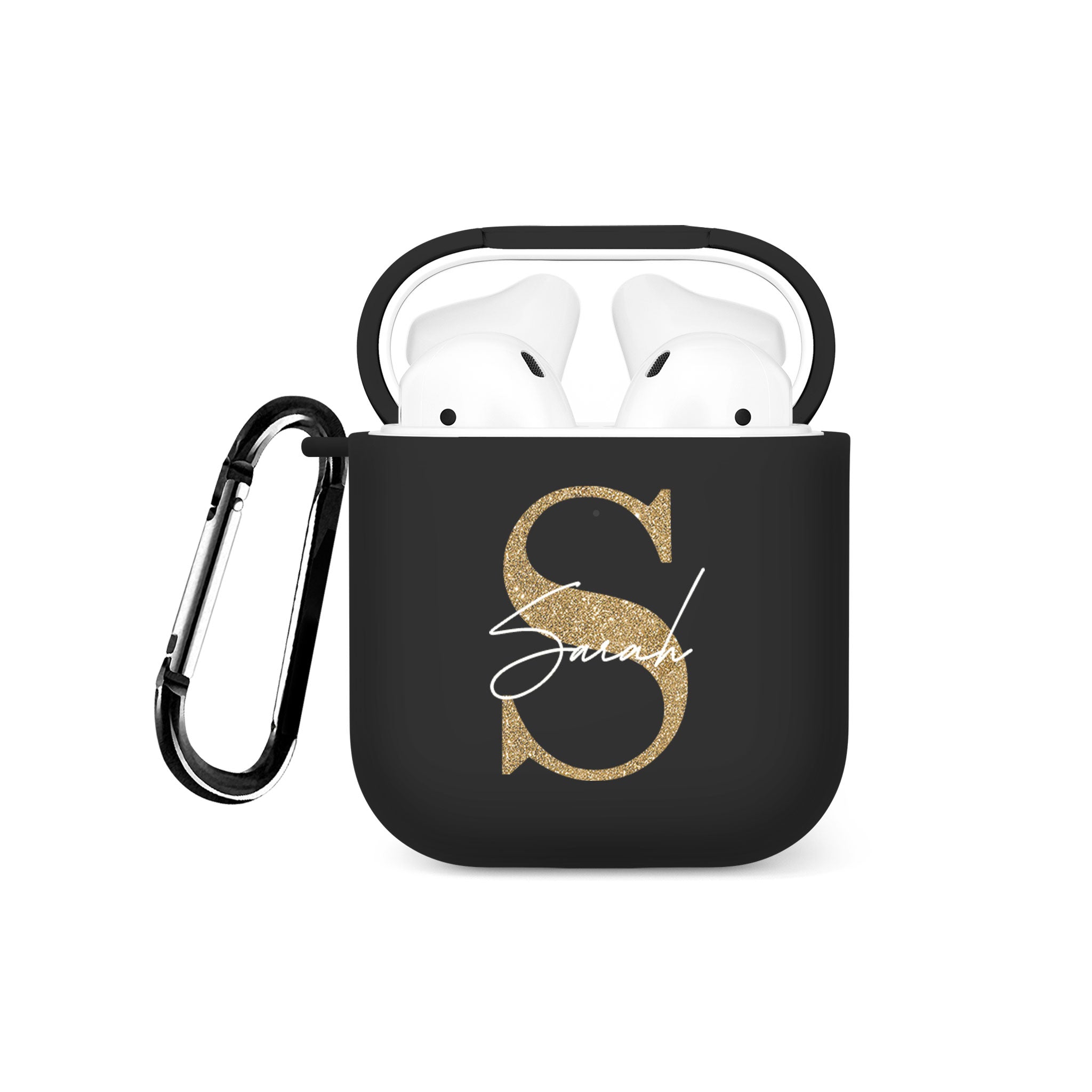 Personalised Soft AirPods Case Cover Custom Name Golden Glitter Initial on Black
