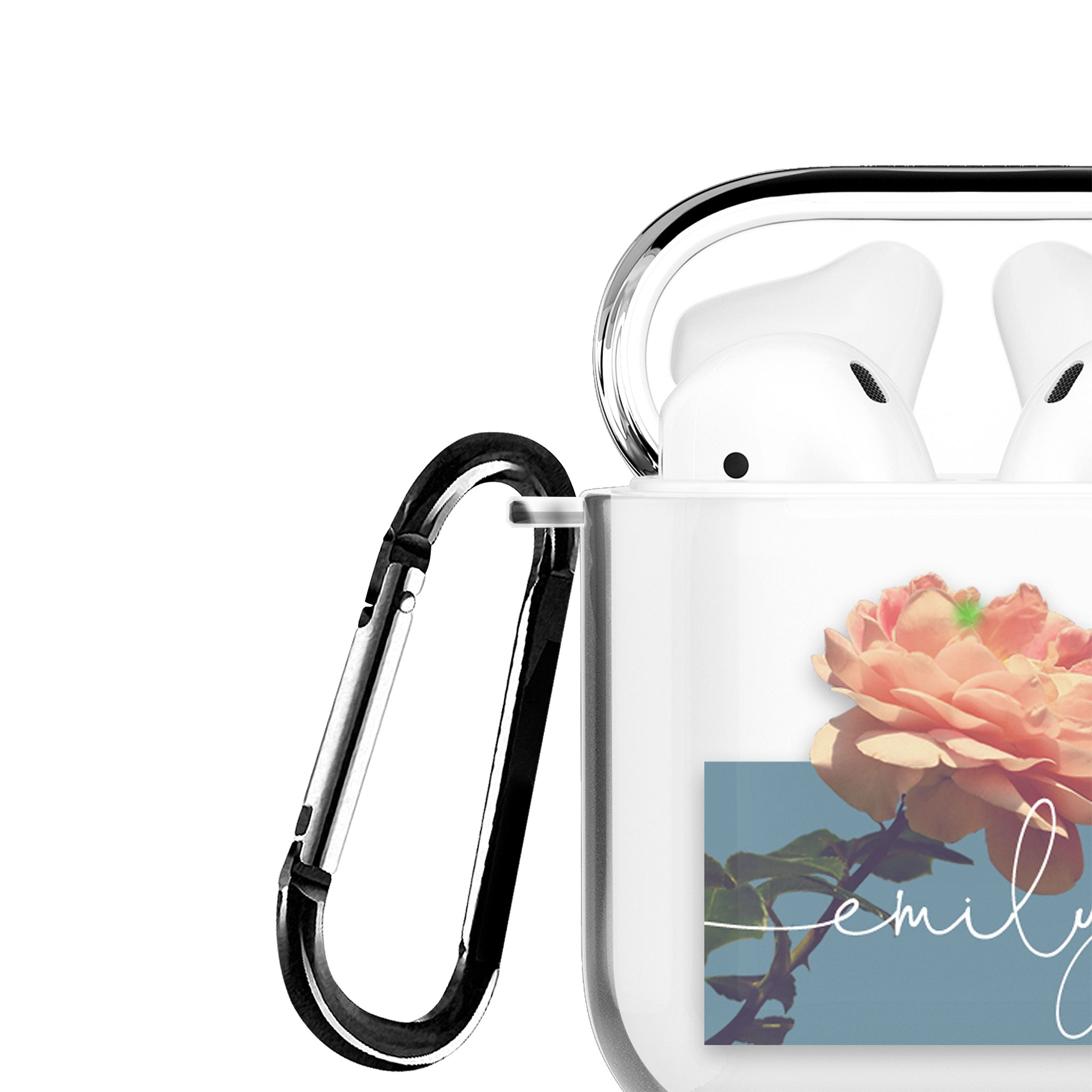Personalised AirPods Case Clear Cover Custom Name Pink Rose Bloom