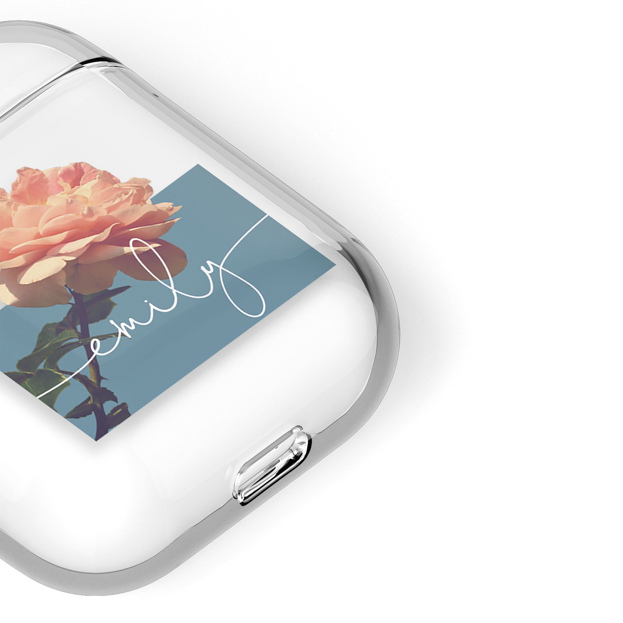 Personalised AirPods Case Clear Cover Custom Name Pink Rose Bloom