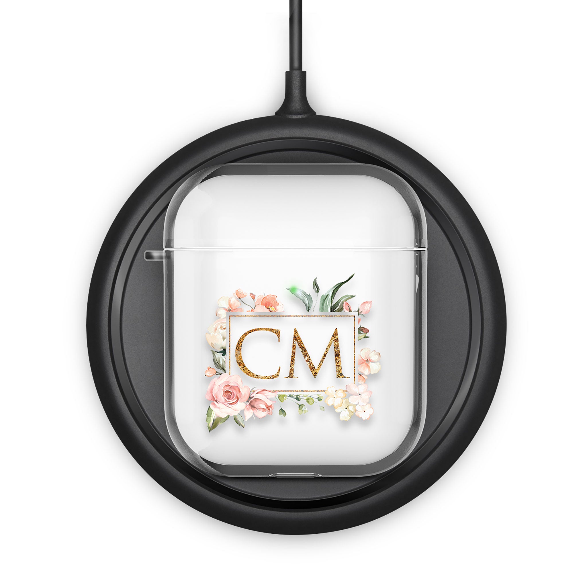 Personalised AirPods Case Clear Cover Custom Name Floral Vintage Roses Squared Monogram