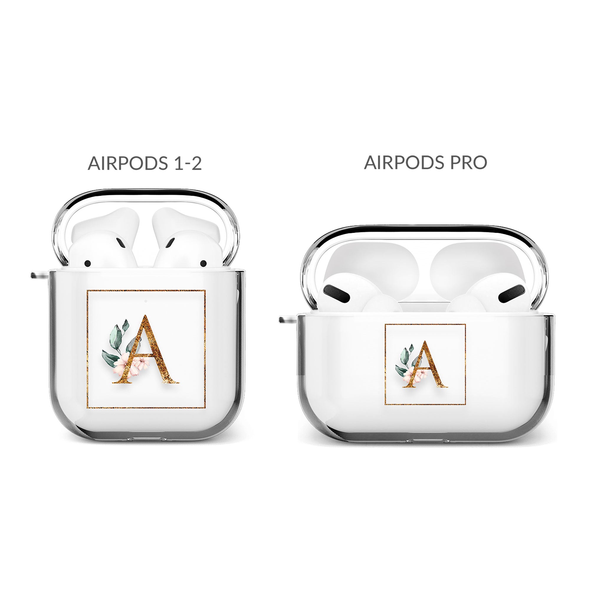 Personalised AirPods Case Clear Cover Custom Name Gold Monogram Floral Pink