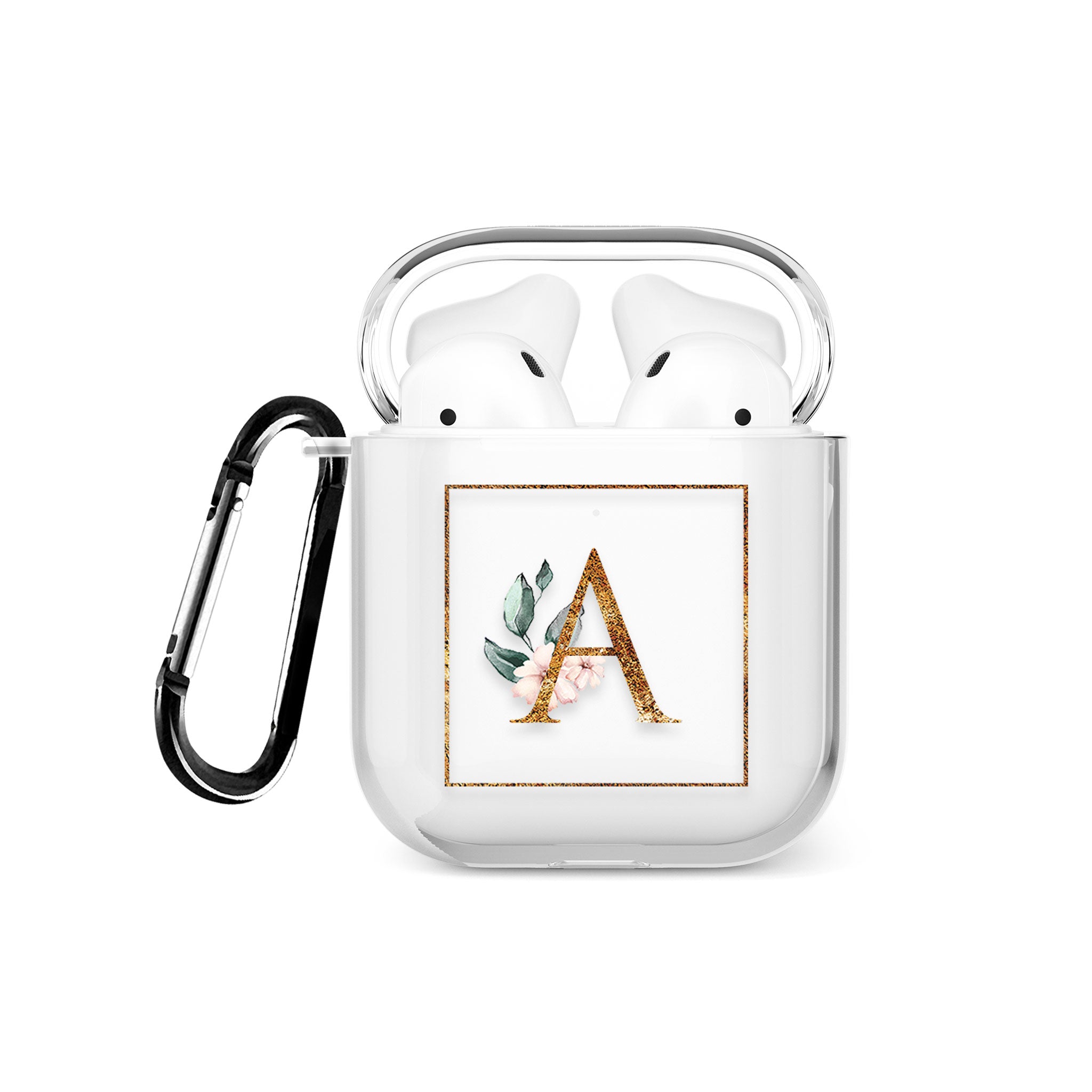 Personalised AirPods Case Clear Cover Custom Name Gold Monogram Floral Pink