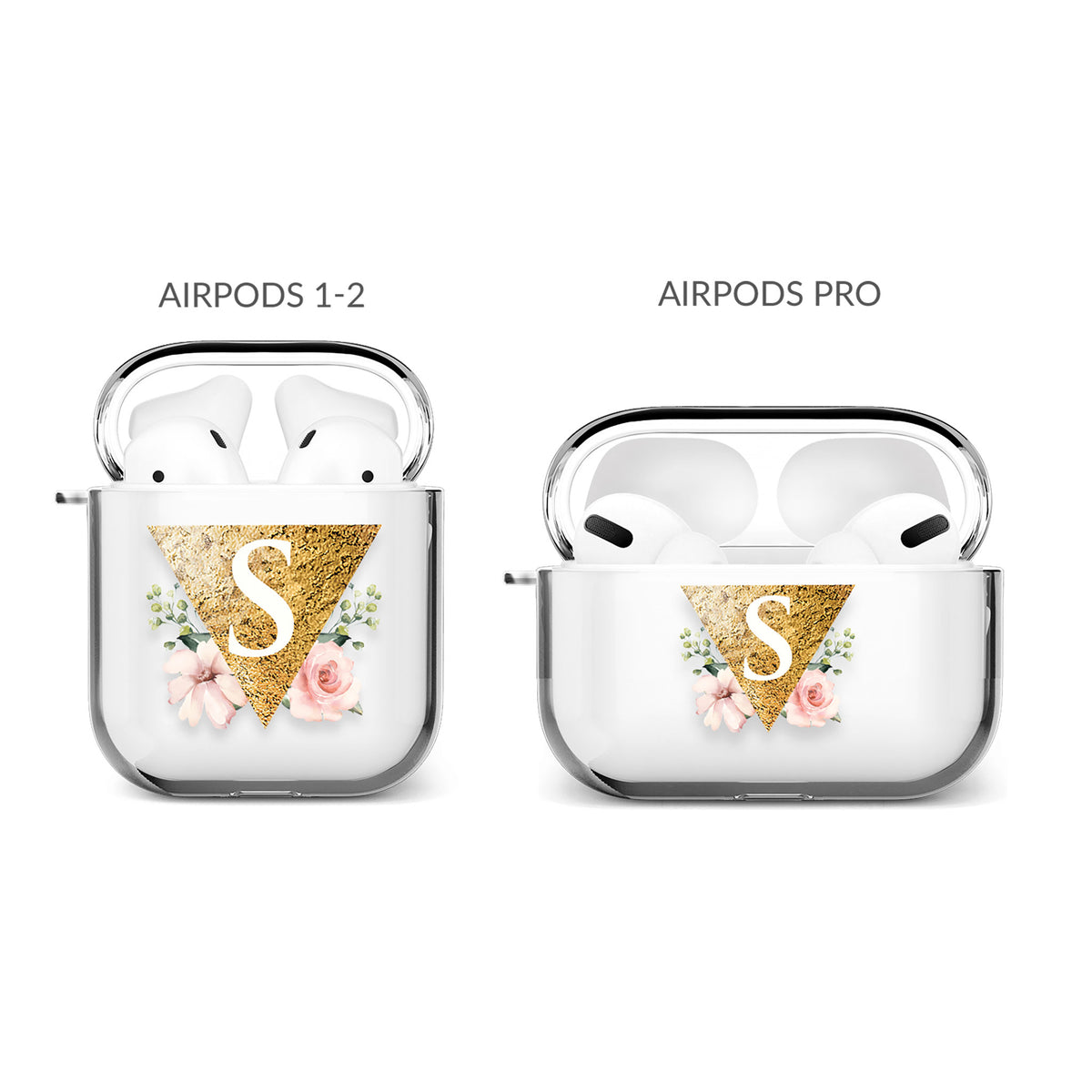 Personalised AirPods Case Clear Cover Custom Name Golden Triangle Floral Roses