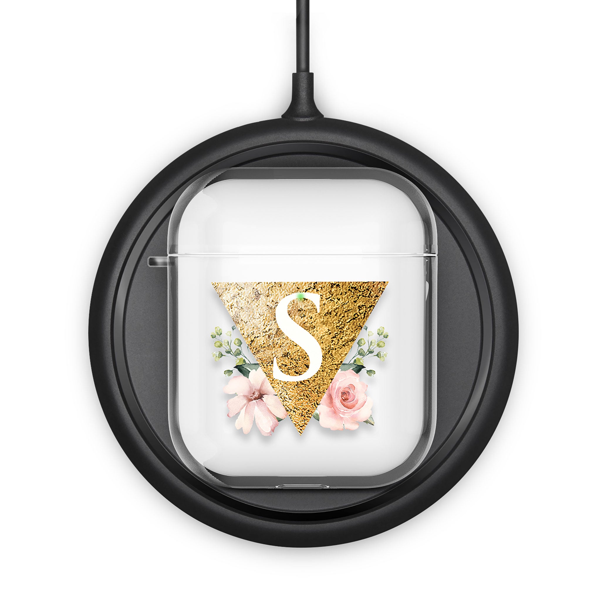 Personalised AirPods Case Clear Cover Custom Name Golden Triangle Floral Roses