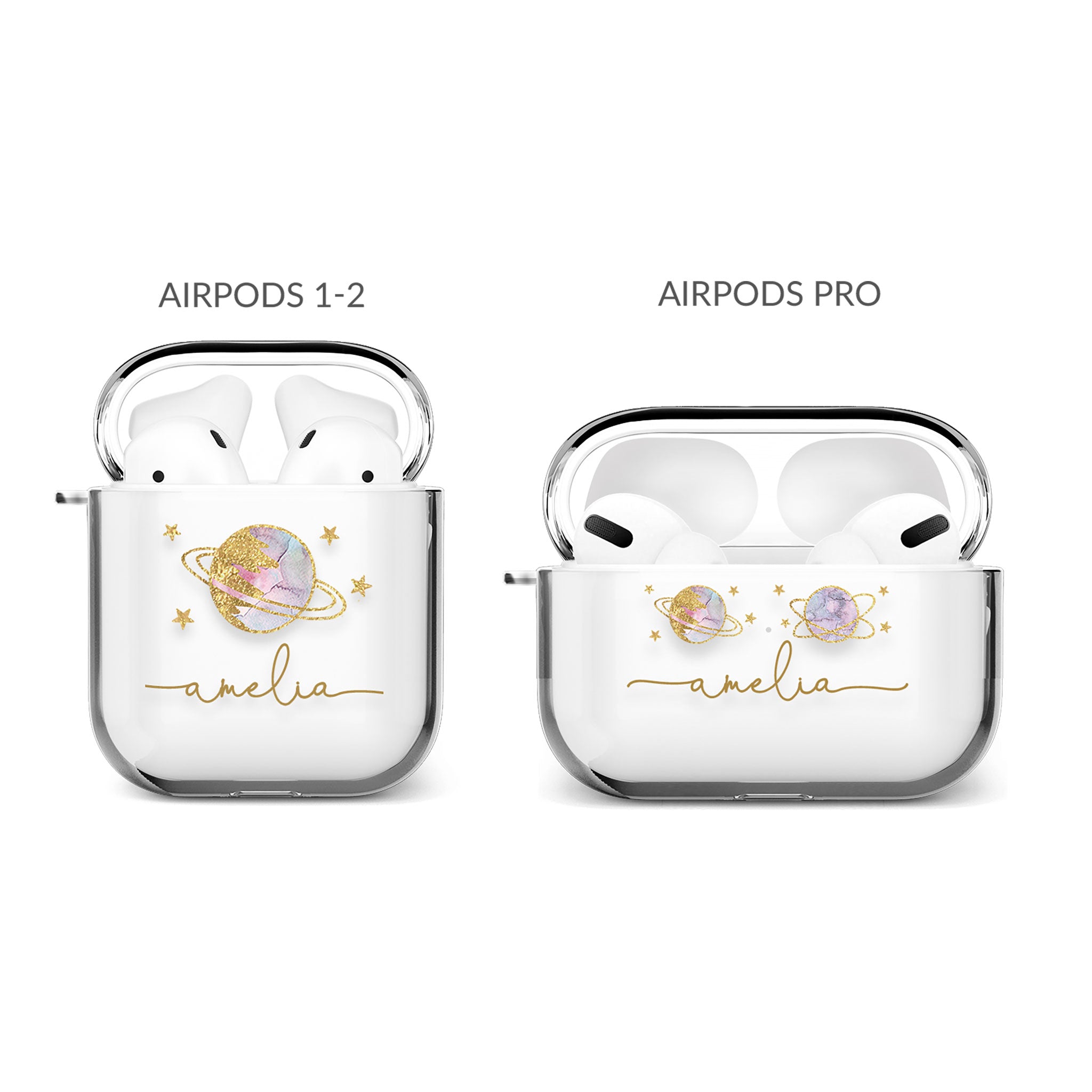 Personalised AirPods Case Clear Cover Custom Name Golden Planet Stars