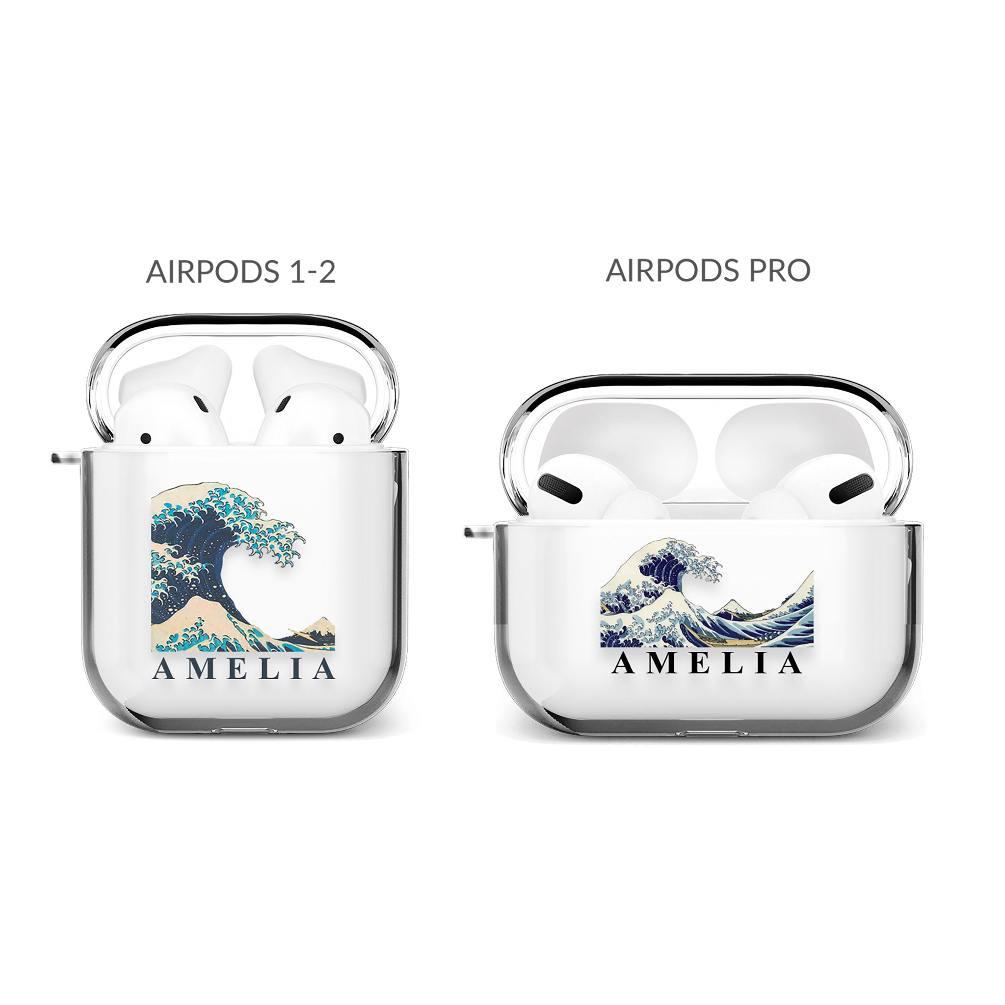Personalised AirPods Case Clear Cover Custom Name The Great Wave off Kanagawa by Hokusai
