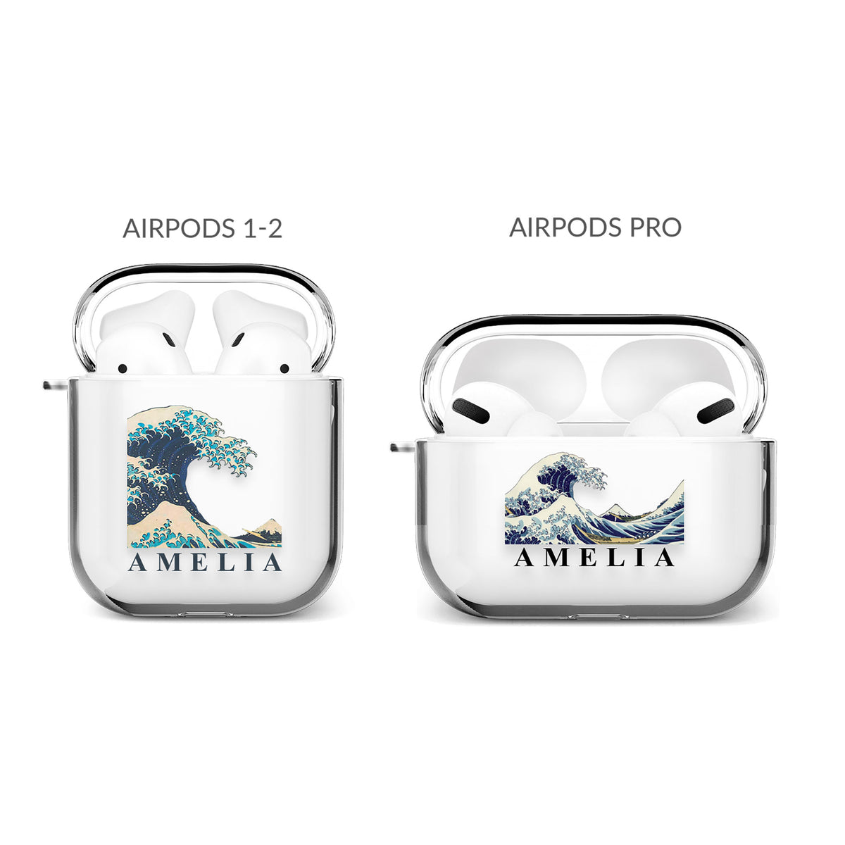 Personalised AirPods Case Clear Cover Custom Name The Great Wave off Kanagawa by Hokusai