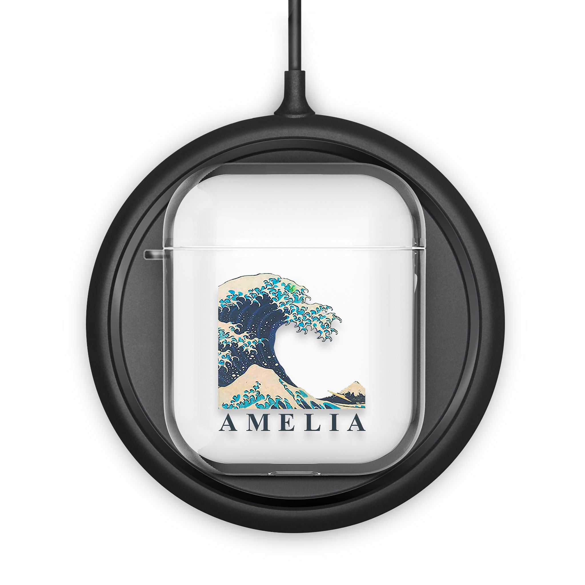 Personalised AirPods Case Clear Cover Custom Name The Great Wave off Kanagawa by Hokusai