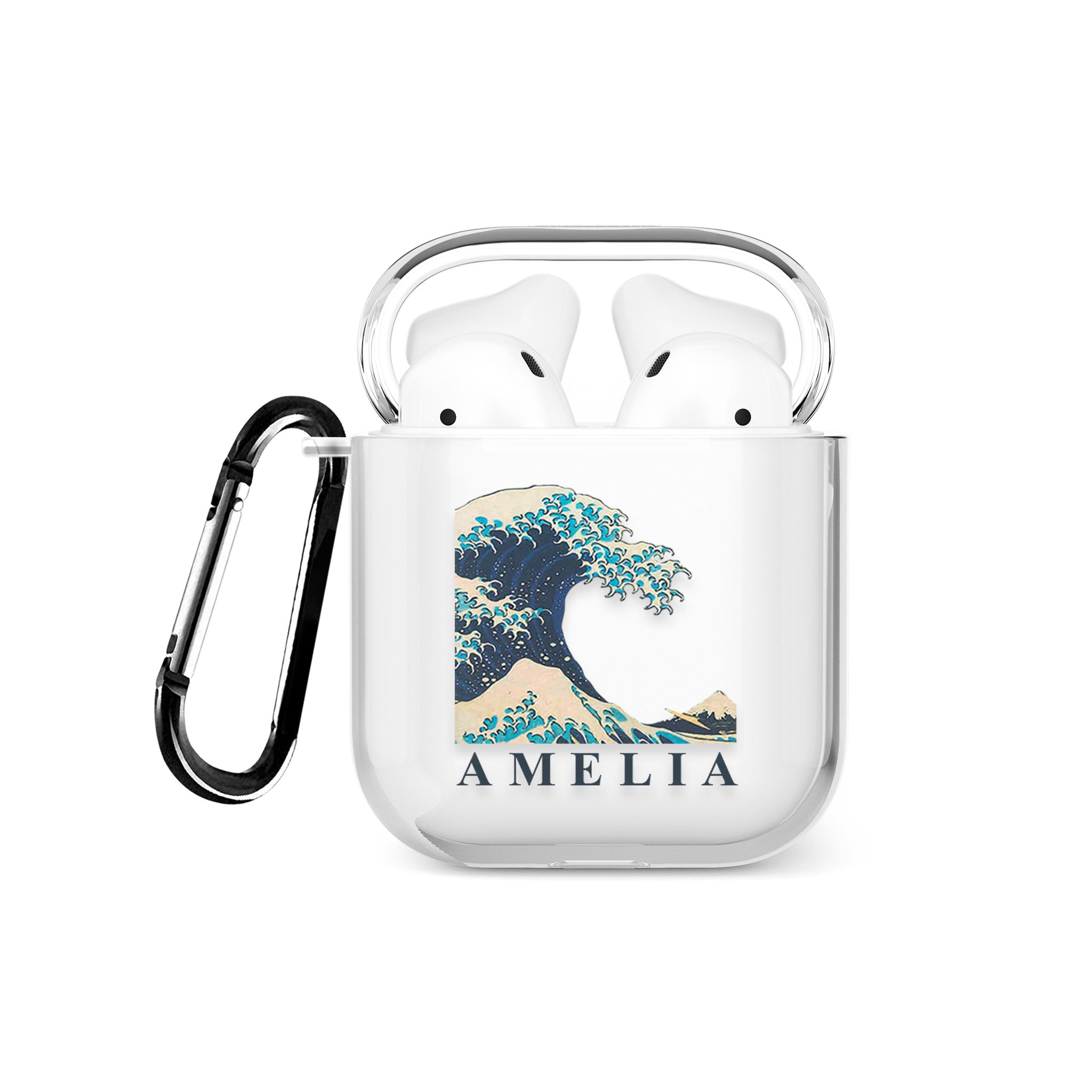 Personalised AirPods Case Clear Cover Custom Name The Great Wave off Kanagawa by Hokusai