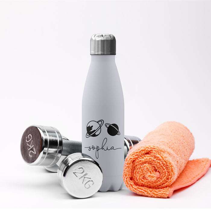 Personalised Water Bottle - Planets Space Black & White
