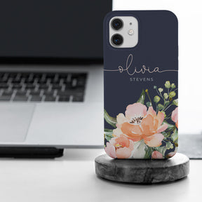 Personalised Hard Phone Case Blue Floral Rose Bloom