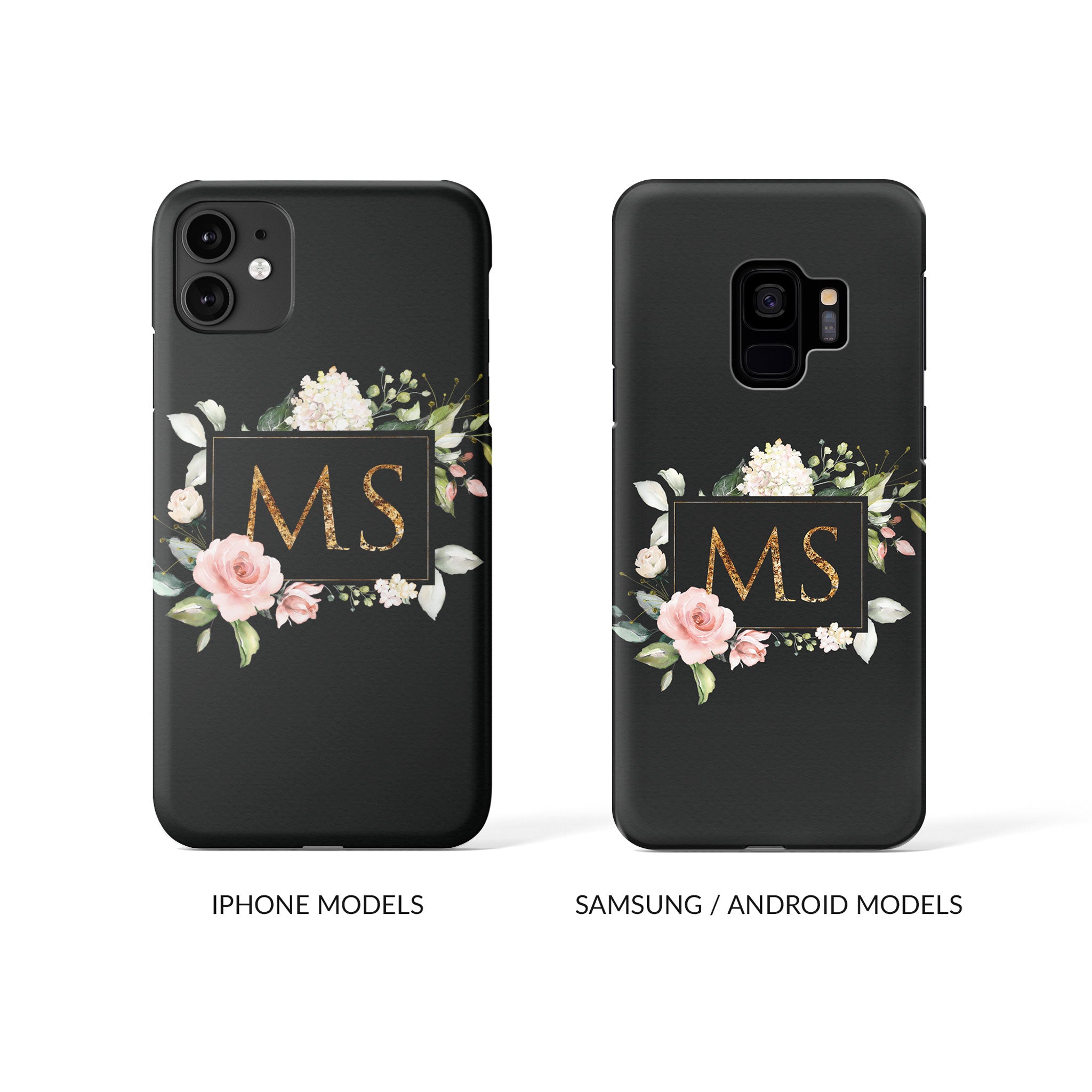 Personalised Hard Phone Case Gold Monogram Roses Peonies Vintage