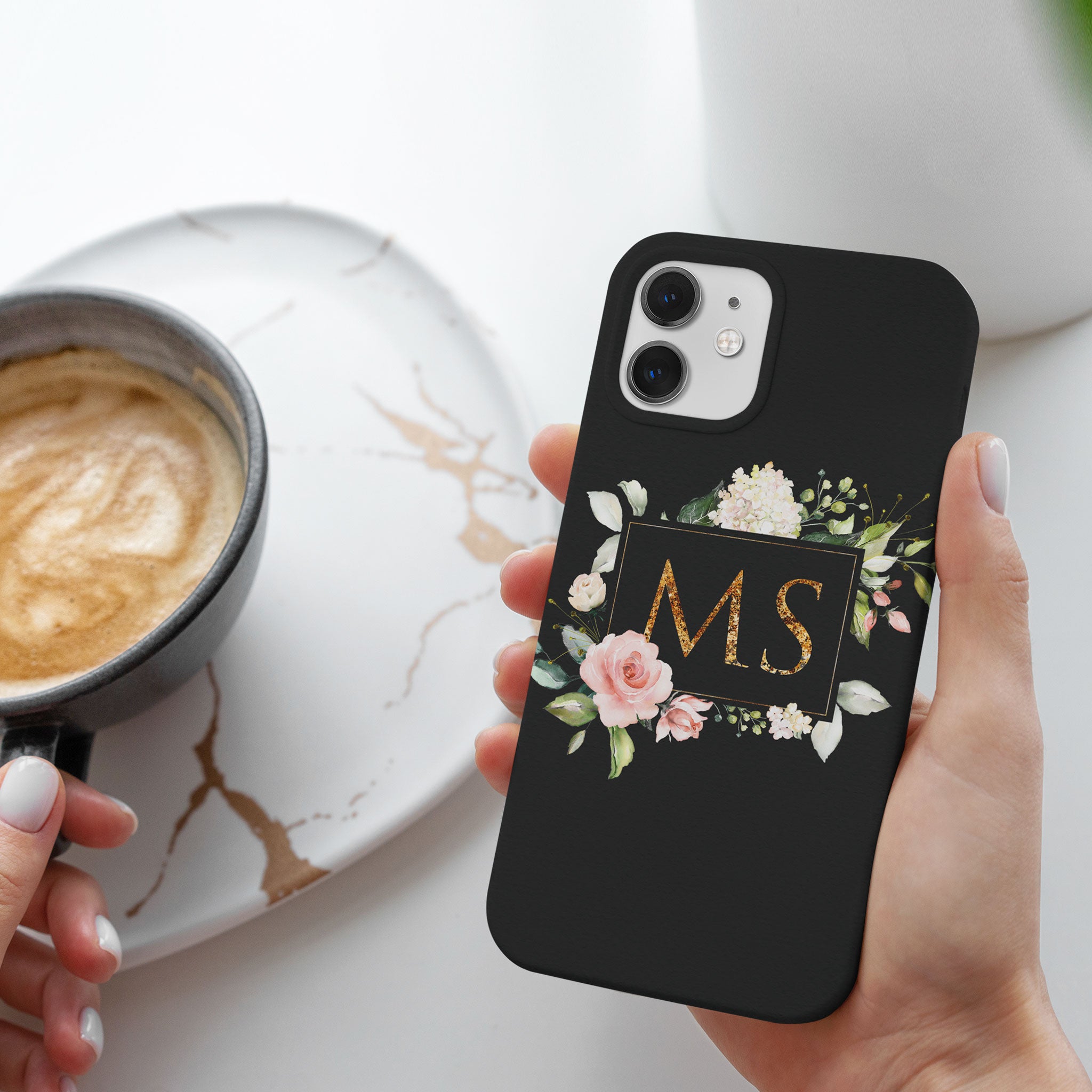 Personalised Hard Phone Case Gold Monogram Roses Peonies Vintage