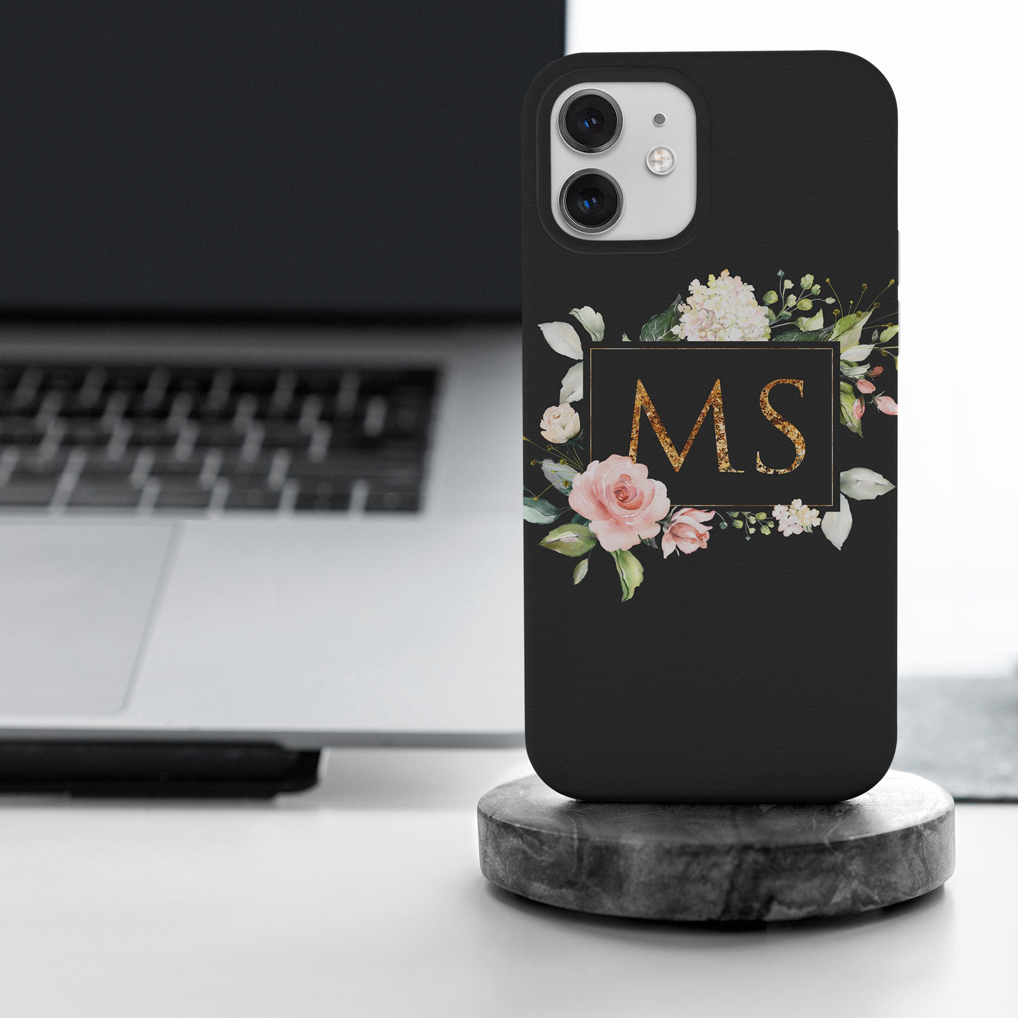 Personalised Hard Phone Case Gold Monogram Roses Peonies Vintage