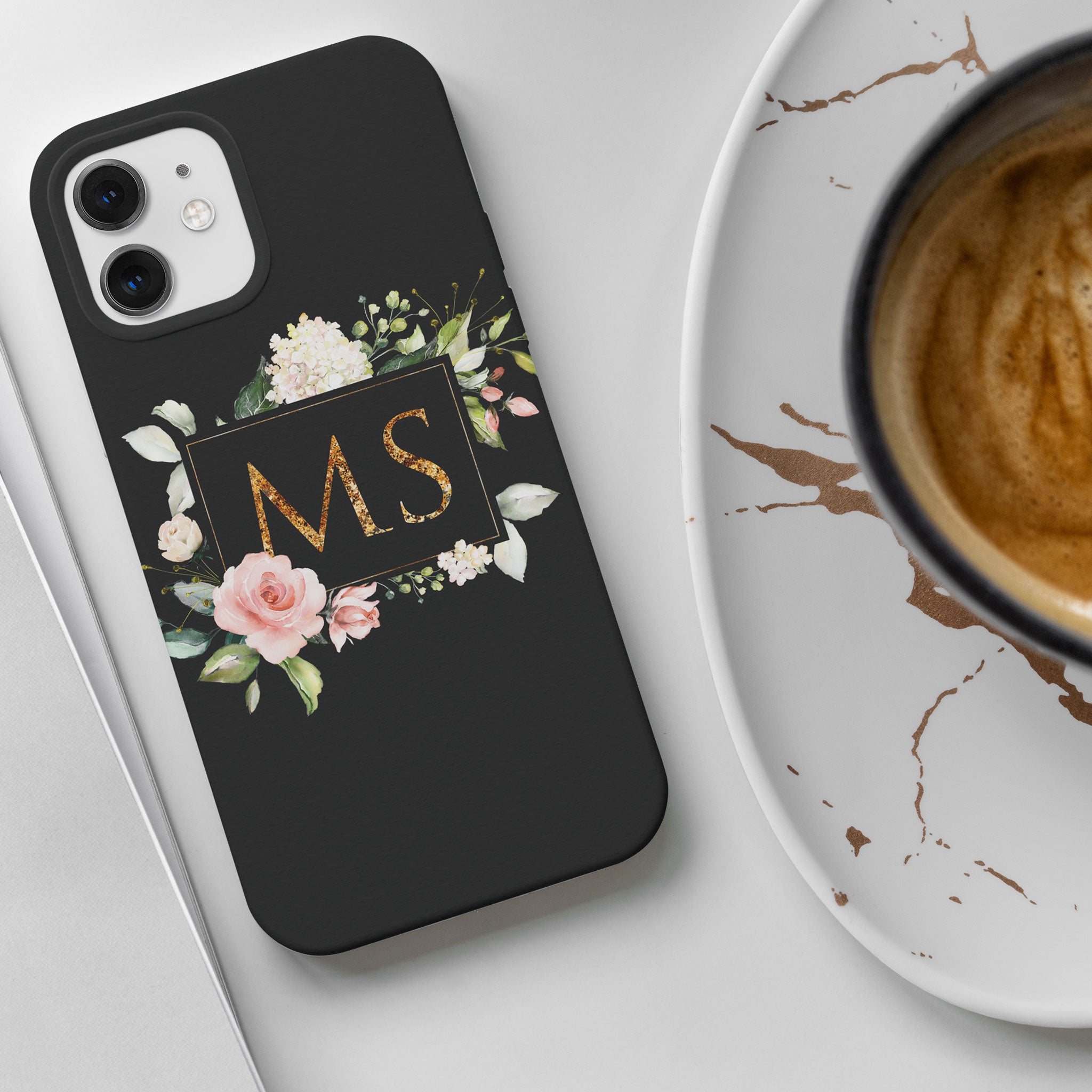 Personalised Hard Phone Case Gold Monogram Roses Peonies Vintage