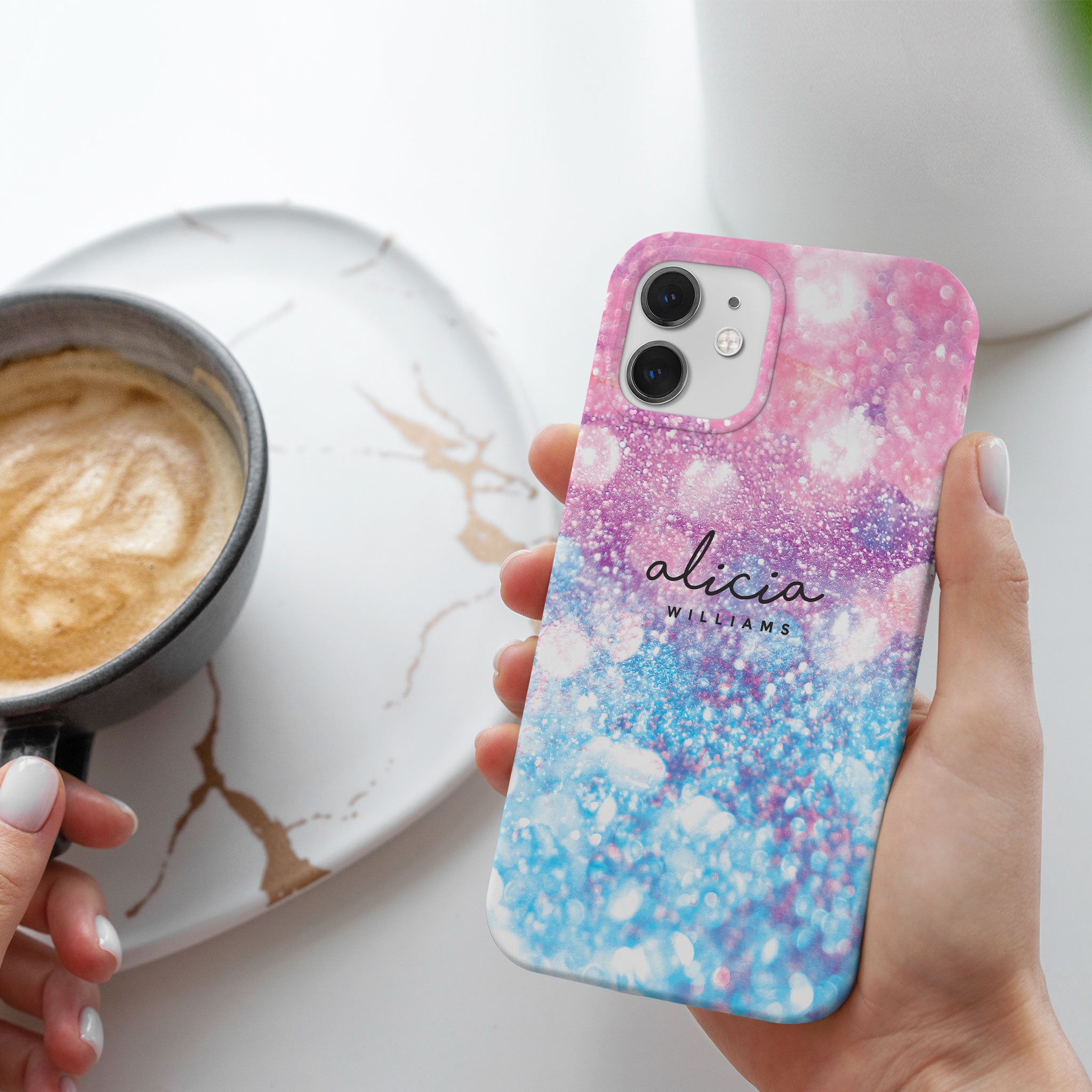 Personalised Hard Phone Case Purple Blue Gradient Glitter