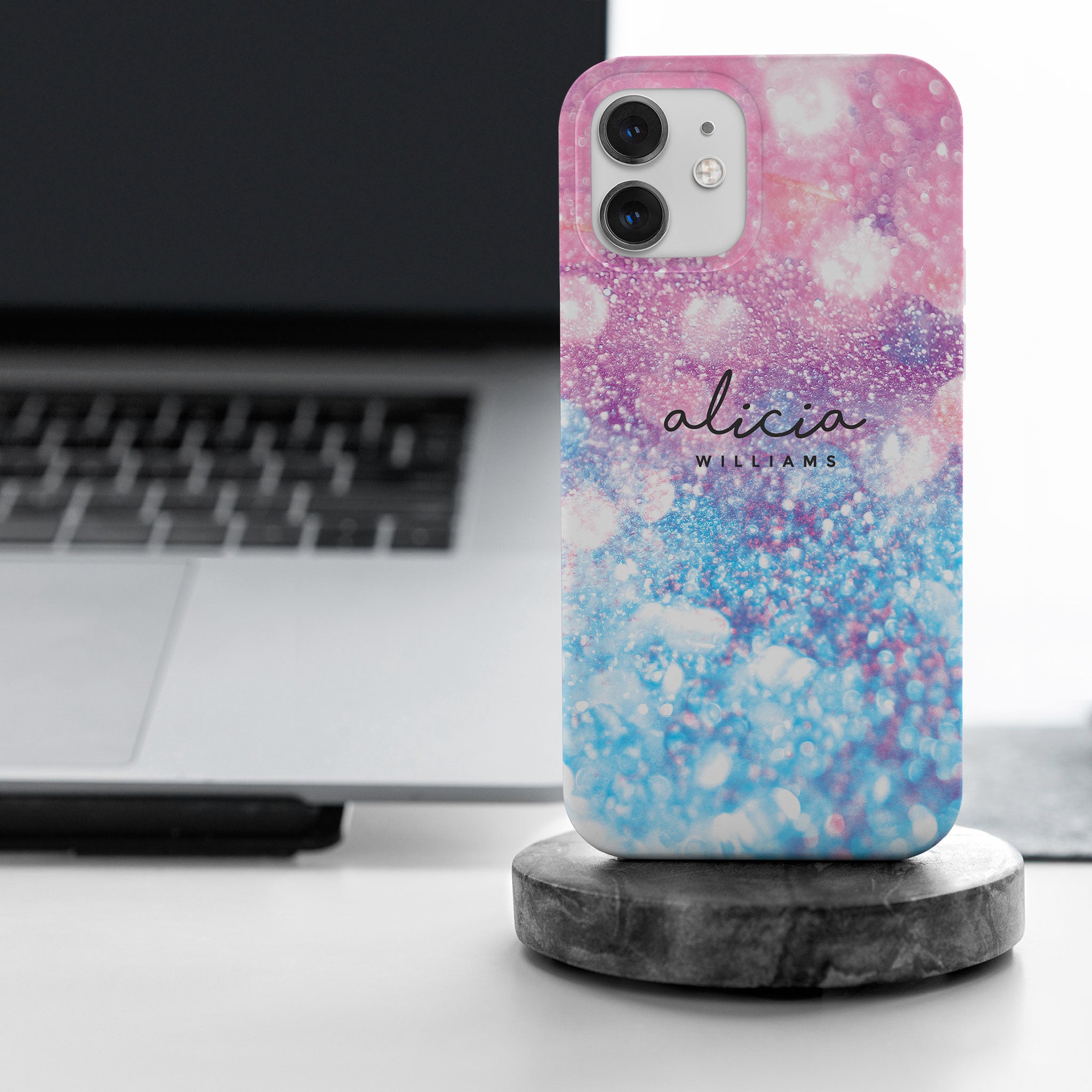 Personalised Hard Phone Case Purple Blue Gradient Glitter