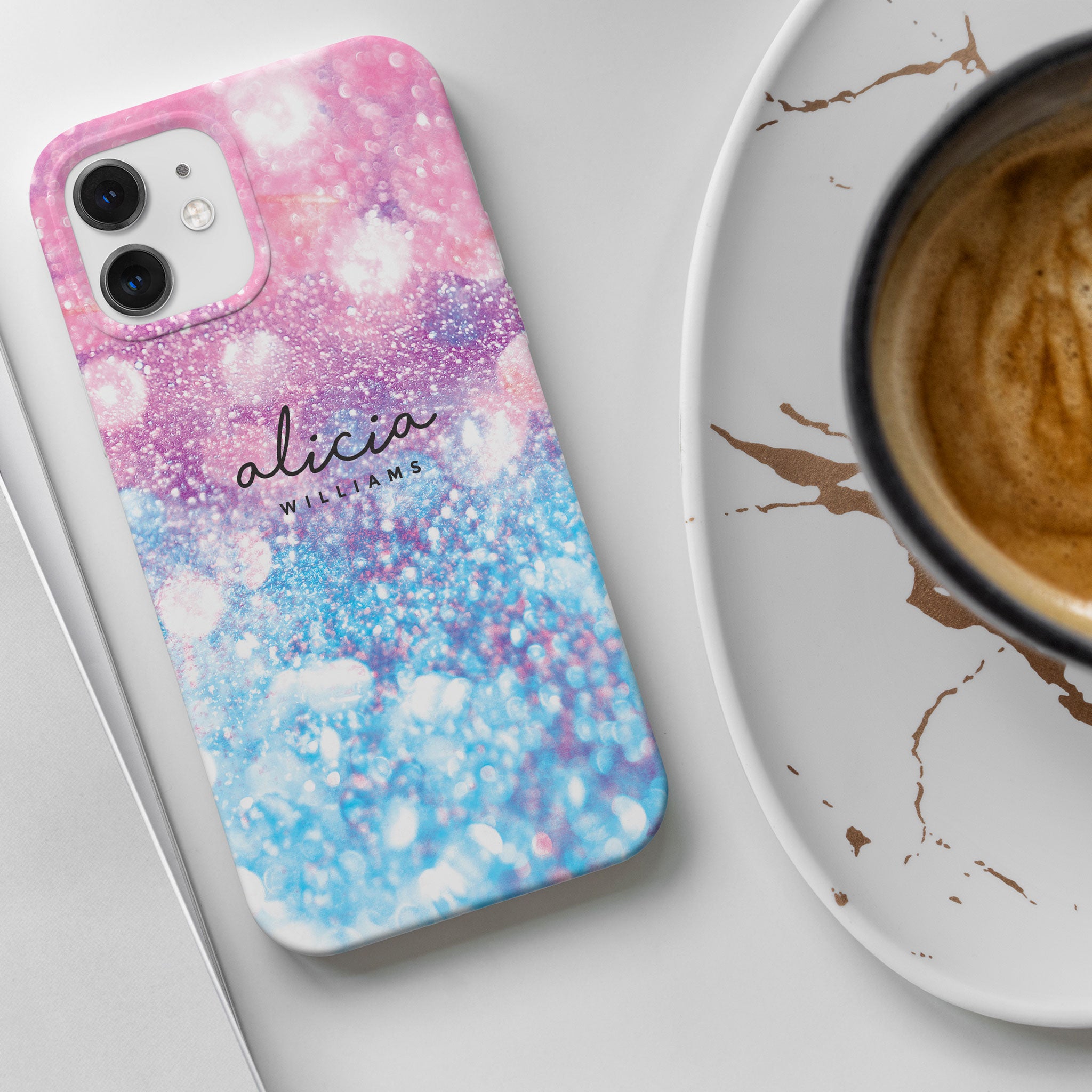 Personalised Hard Phone Case Purple Blue Gradient Glitter