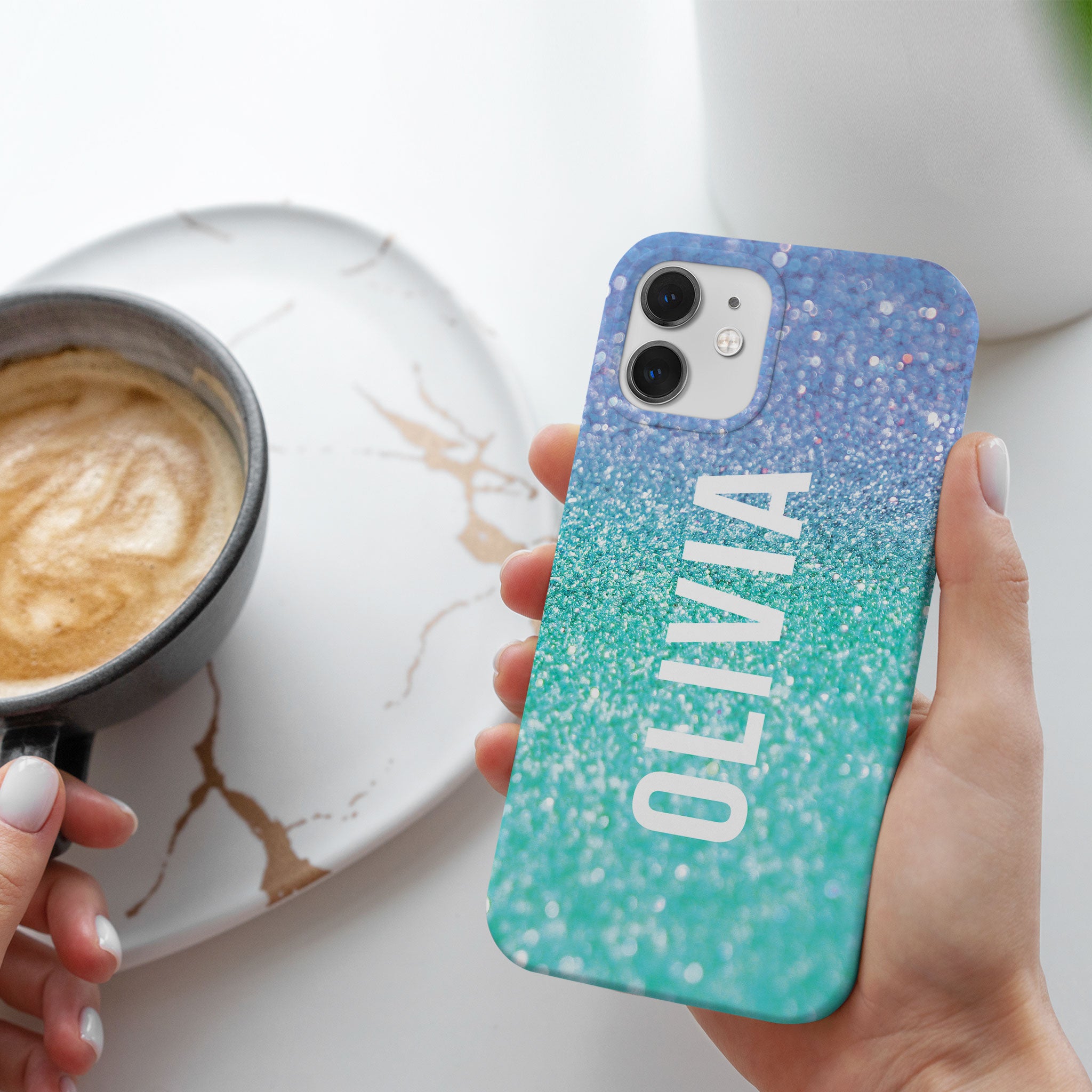 Personalised Hard Phone Case Marble Turquoise Blue Sparkle