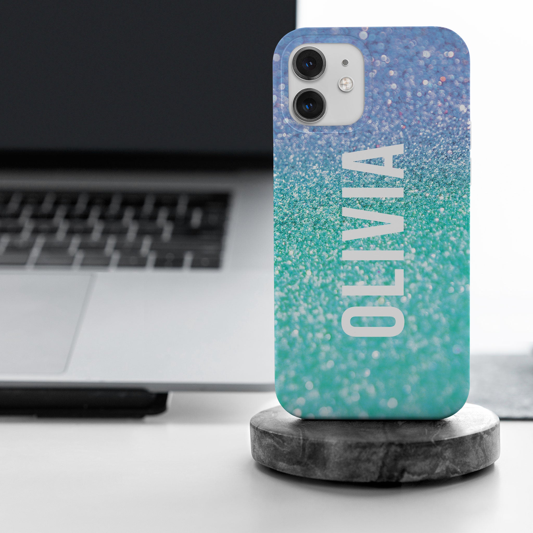 Personalised Hard Phone Case Marble Turquoise Blue Sparkle