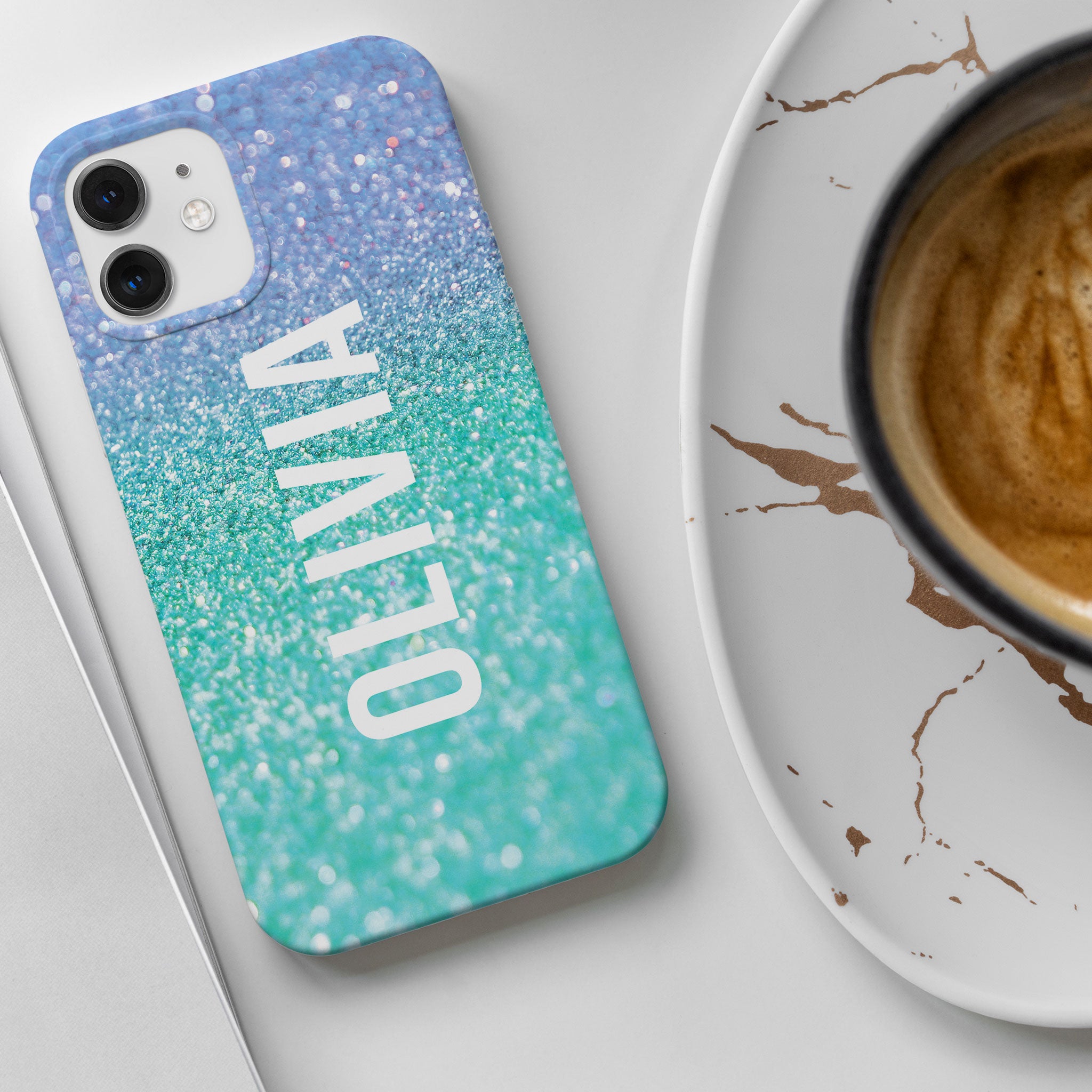 Personalised Hard Phone Case Marble Turquoise Blue Sparkle