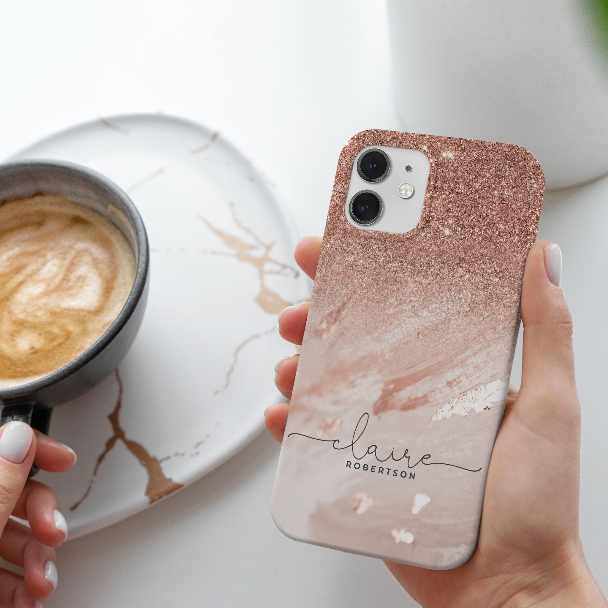 Personalised Hard Phone Case Sequin Rose Gold Marble