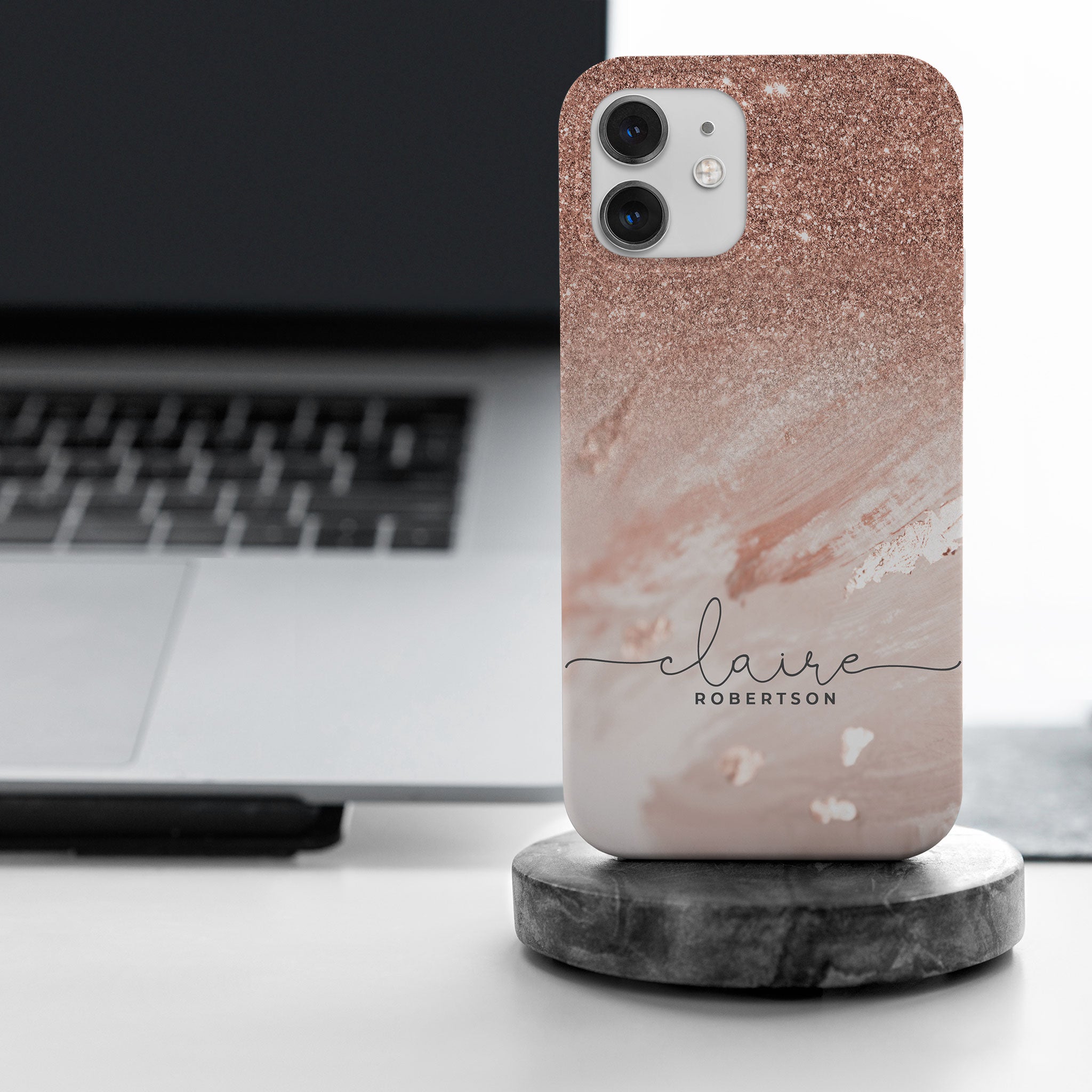 Personalised Hard Phone Case Sequin Rose Gold Marble