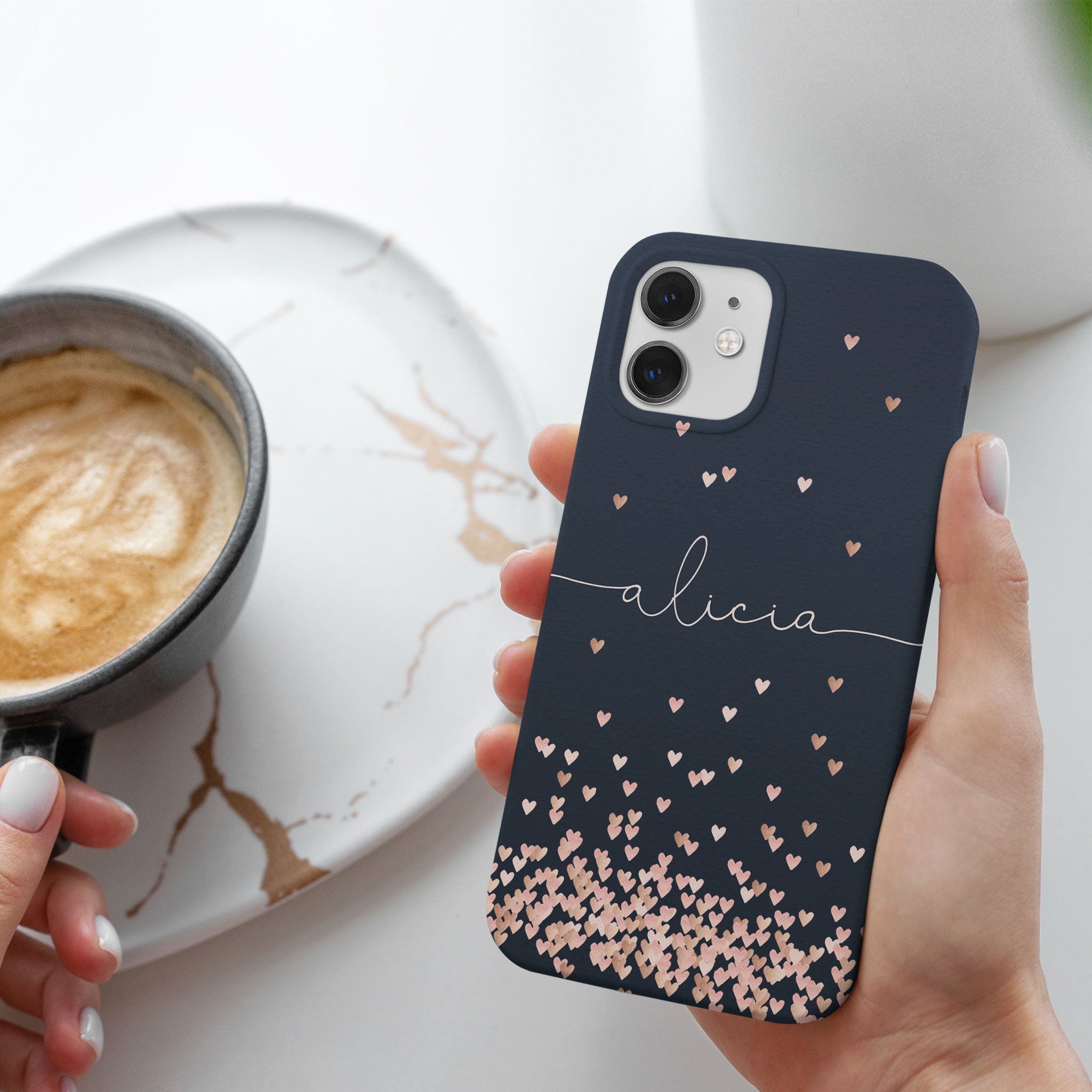 Personalised Hard Phone Case Rose Gold Falling Hearts