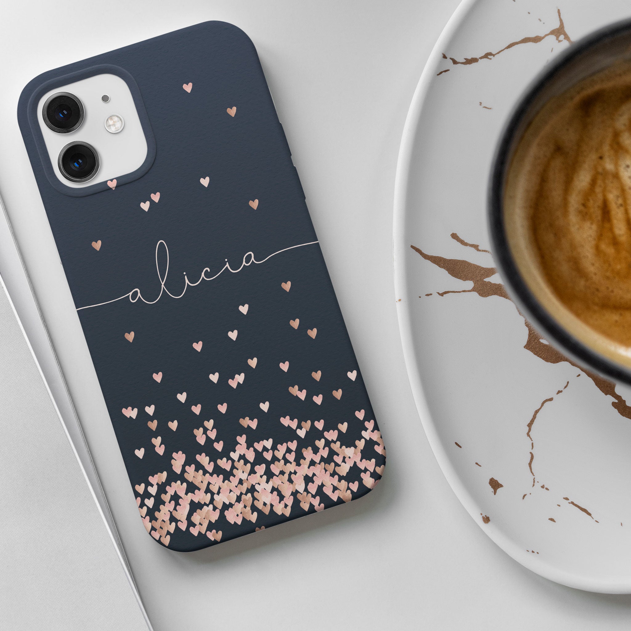 Personalised Hard Phone Case Rose Gold Falling Hearts