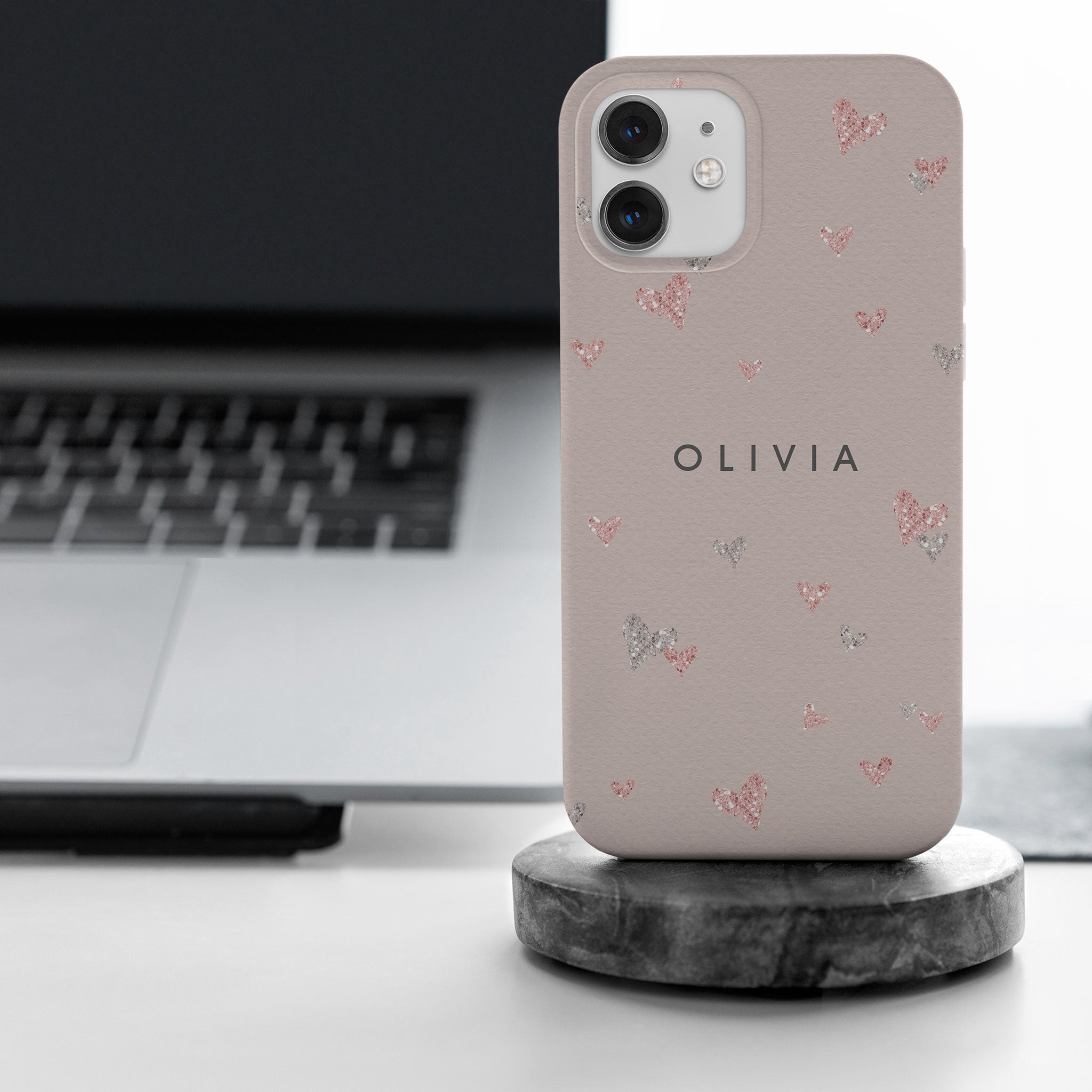 Personalised Hard Phone Case Hearts Pink Silver Glitter