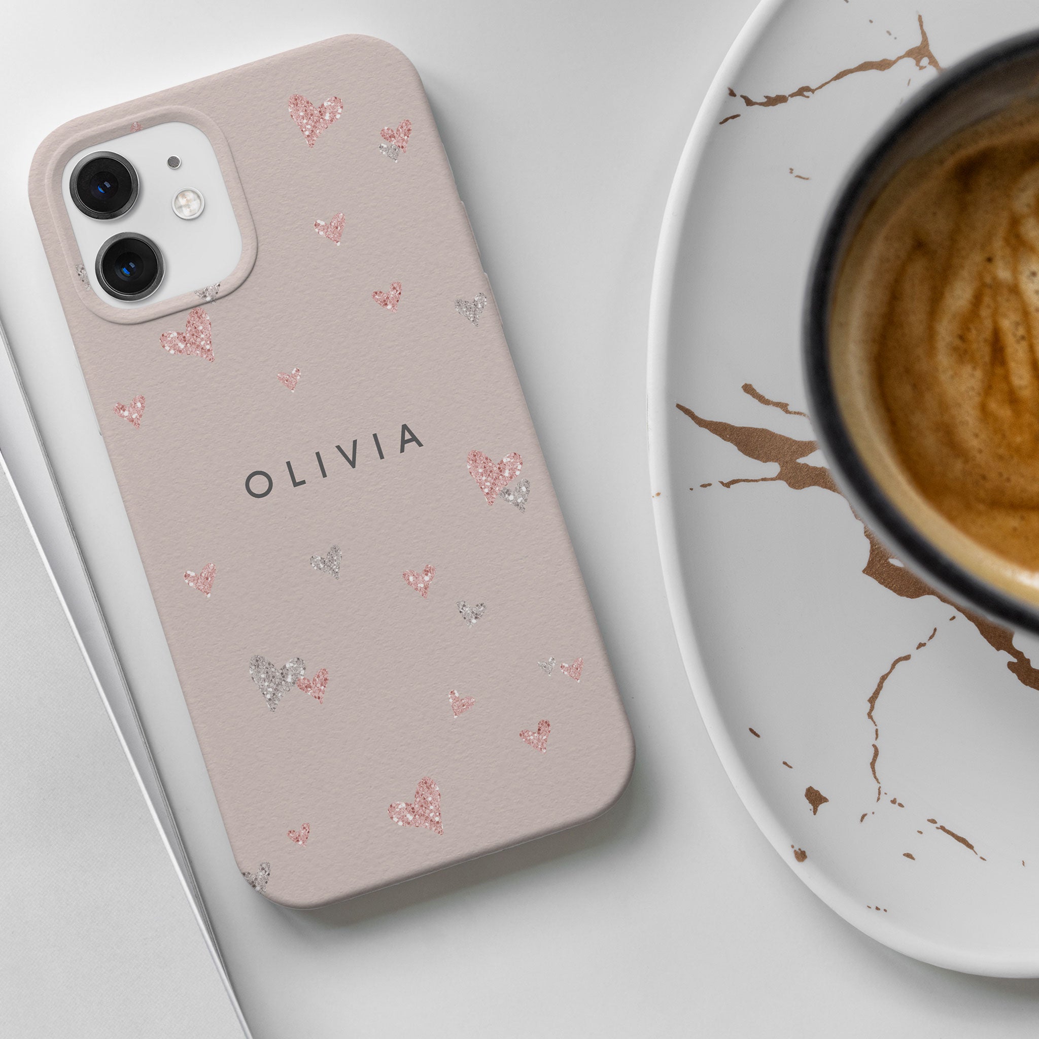 Personalised Hard Phone Case Hearts Pink Silver Glitter