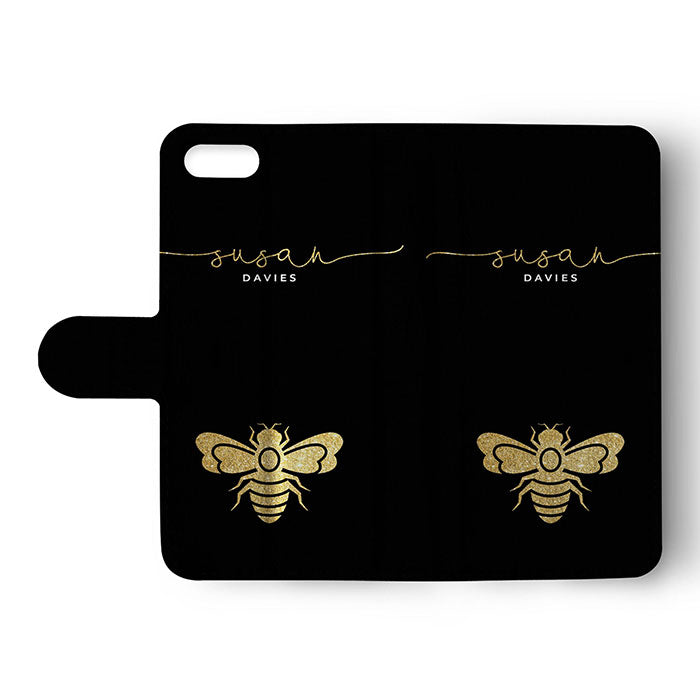 Personalised Wallet Flip Case Custom Name Golden Honeybee Bumblebee