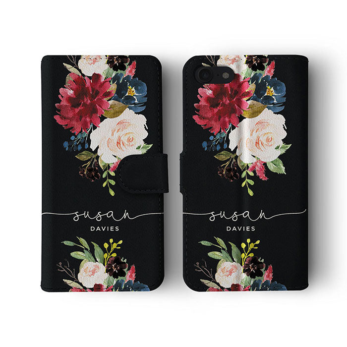 Personalised Wallet Flip Case Custom Name Vintage Roses Peony Bouquet