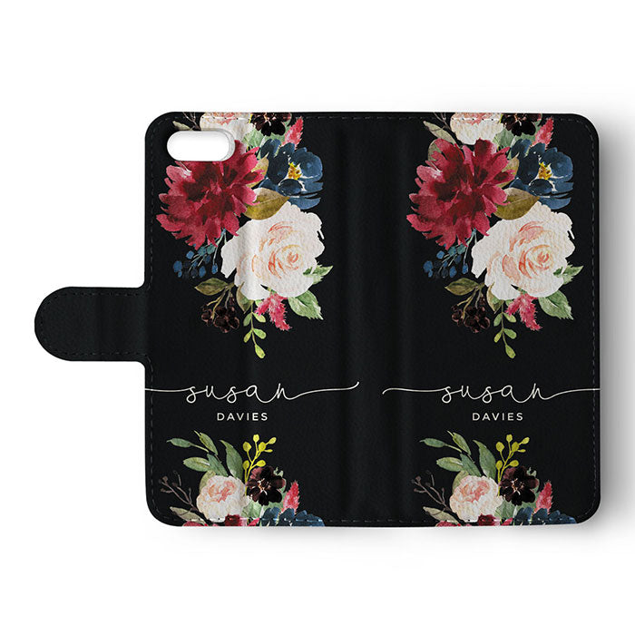 Personalised Wallet Flip Case Custom Name Vintage Roses Peony Bouquet